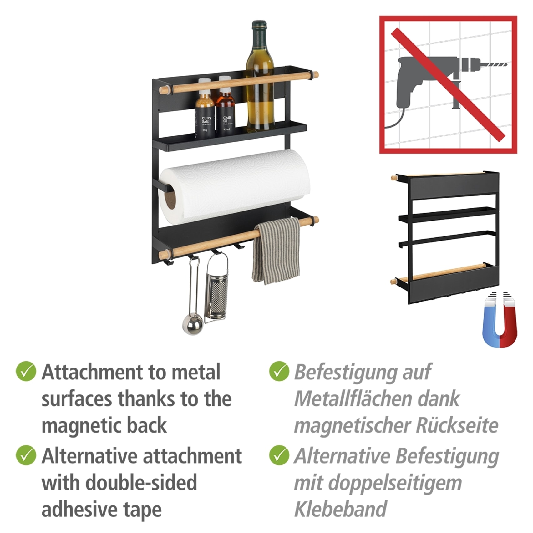 WENKO Küchenregal »Modell Magna«, magnetisches Regal mit Küchenrollenhalterung, Befestigung ohne Bohren
