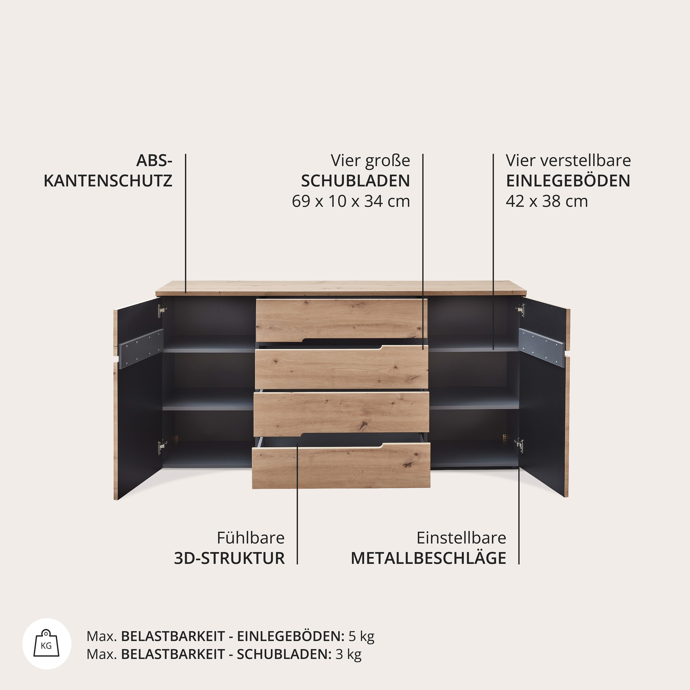 Innostyle Sideboard »MEMPHIS, TOPSELLER!«, (Sideboard, Wohnzimmerschrank), leichte Montage, viel Stauraum