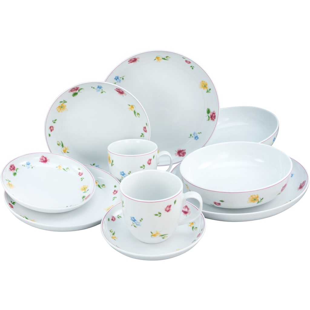 CreaTable Kombiservice »Geschirr-Set Summertime«, (Set, 10 tlg., Kaffeeservice und Tafelservice im Set, für 2 Personen), Service, Streublümchen-Dekor, 10 Teile, für 2 Personen