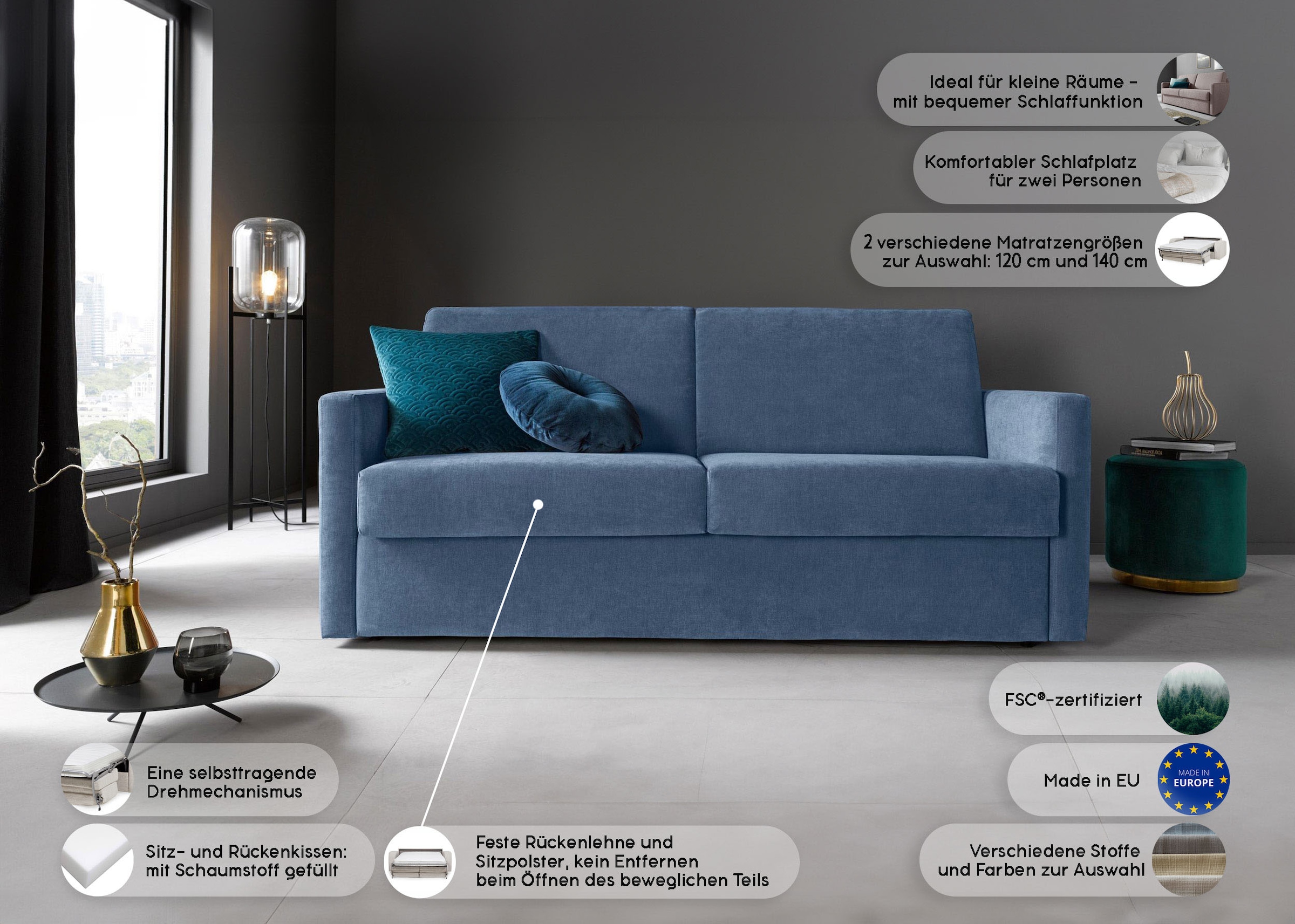 Places of Style Schlafsofa »Goldpoint 162 cm, Dauerschläfer, Liegefläche 120/200cm,«, 2-Sitzer mit Dauerschläfer-Funktion, Bonell-Federkernmatratze