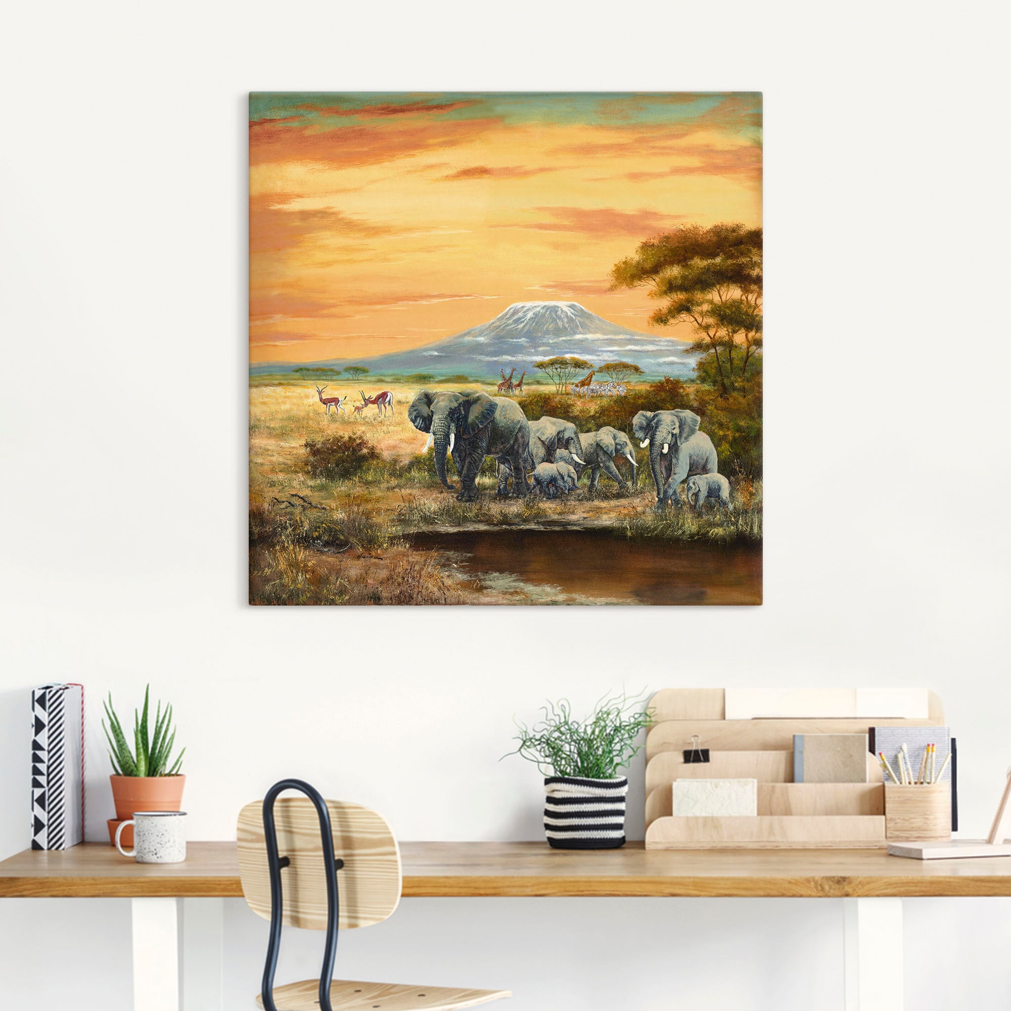 Artland Wandbild »Afrikalandschaft mit Elefanten«, Wildtiere, (1 St.), als Leinwandbild, Poster in verschied. Größen