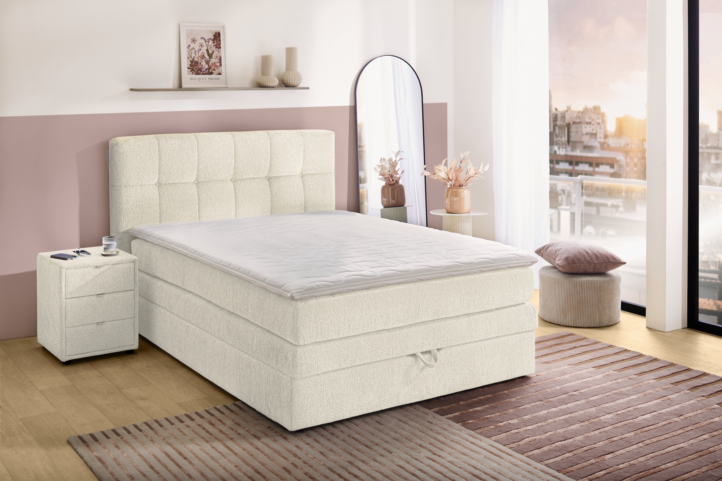 Jockenhöfer Gruppe Boxspringbett »AMY in Chenille, erhältlich in den Breiten 120cm & 140cm« mit Bettkasten und Topper
