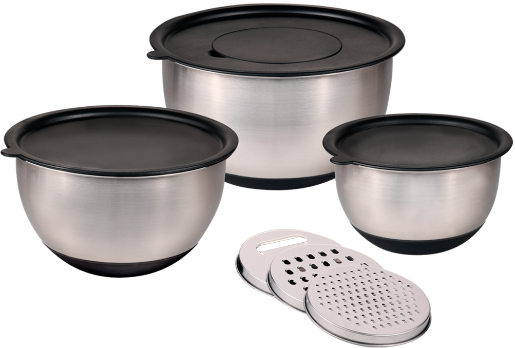 KESPER Rührschüssel »Schüssel-Set mit Deckel, inklusive 3 Reiben« 9 Stk. aus Edelstahl 18 x 9 cm / 22 x 11, 2 cm / 26 x 13, 5 cm silberfarben
