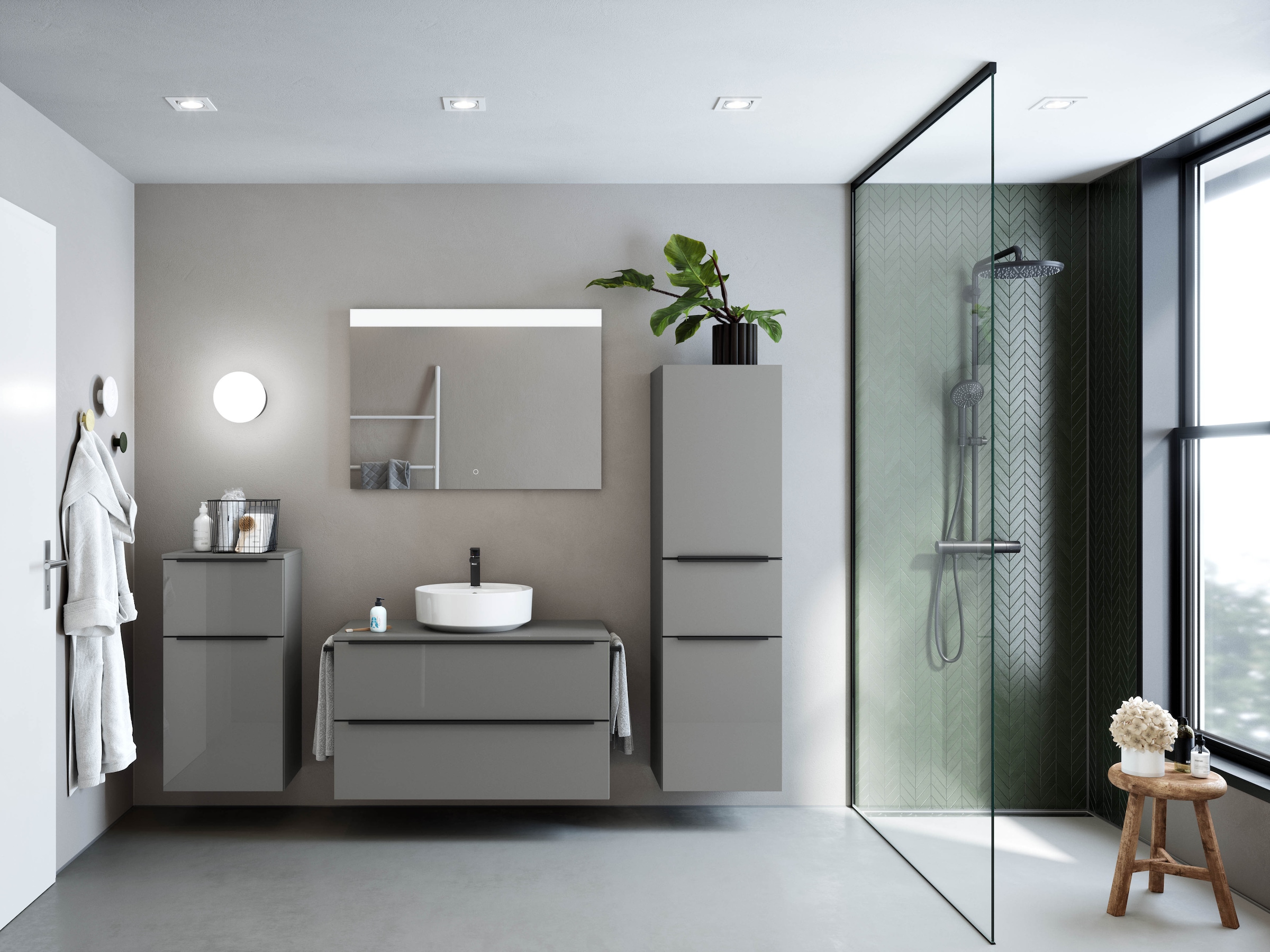 nobilia® Badmöbel-Set »Alvene«, (2 St., vormontiert, mit Soft-Close), Hochglanz, inkl. Spiegel mit Touch-Sensor, in vier Breiten