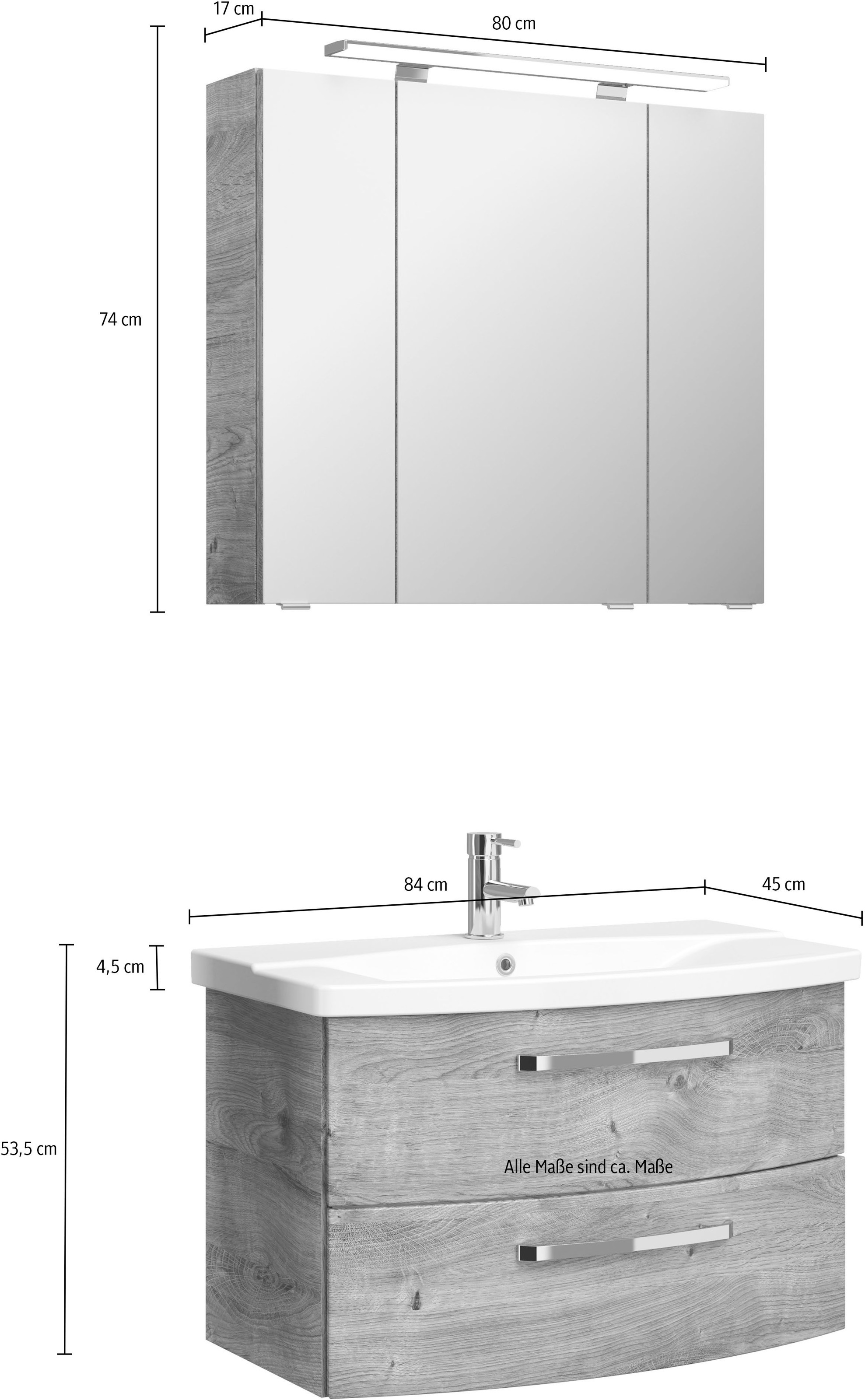 Saphir Badmöbel-Set »Serie 4010 2-teilig Keramik-Waschtisch mit LED-Spiegelschrank«, (Set), Badezimmer Set 84 cm breit, inkl. Türdämpfer, 3 Türen, 2 Schubladen