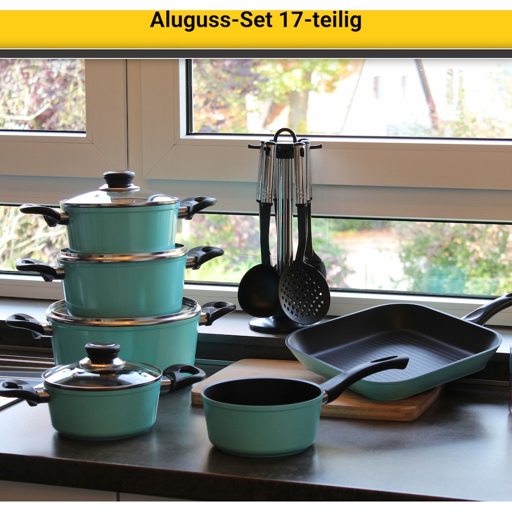 Krüger Topf-Set »Aluguss Topf- und Pfannenset inkl. praktischen Küchenhelfern, 17 tlg.«, Aluminiumguss, (Set, 17 tlg., Fleischtopf 16/18/20/24cm, Stieltopf 16cm Steakpfanne 7 T.Küchenhelfer)