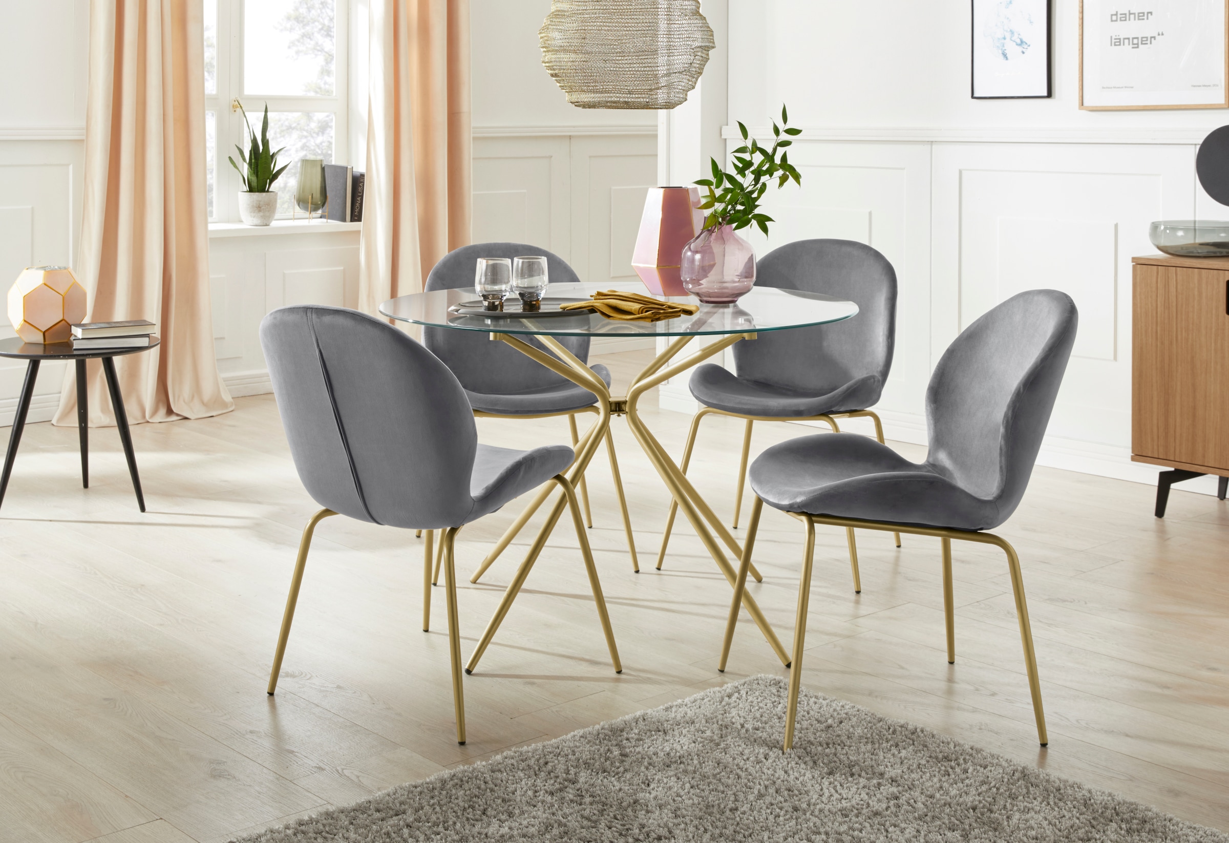 INOSIGN Glastisch »Silvi, TOPSELLER!«, (Esstisch, Glastisch, Küchentisch), rund, Ø 110 cm, Metallgestell in messingfarben