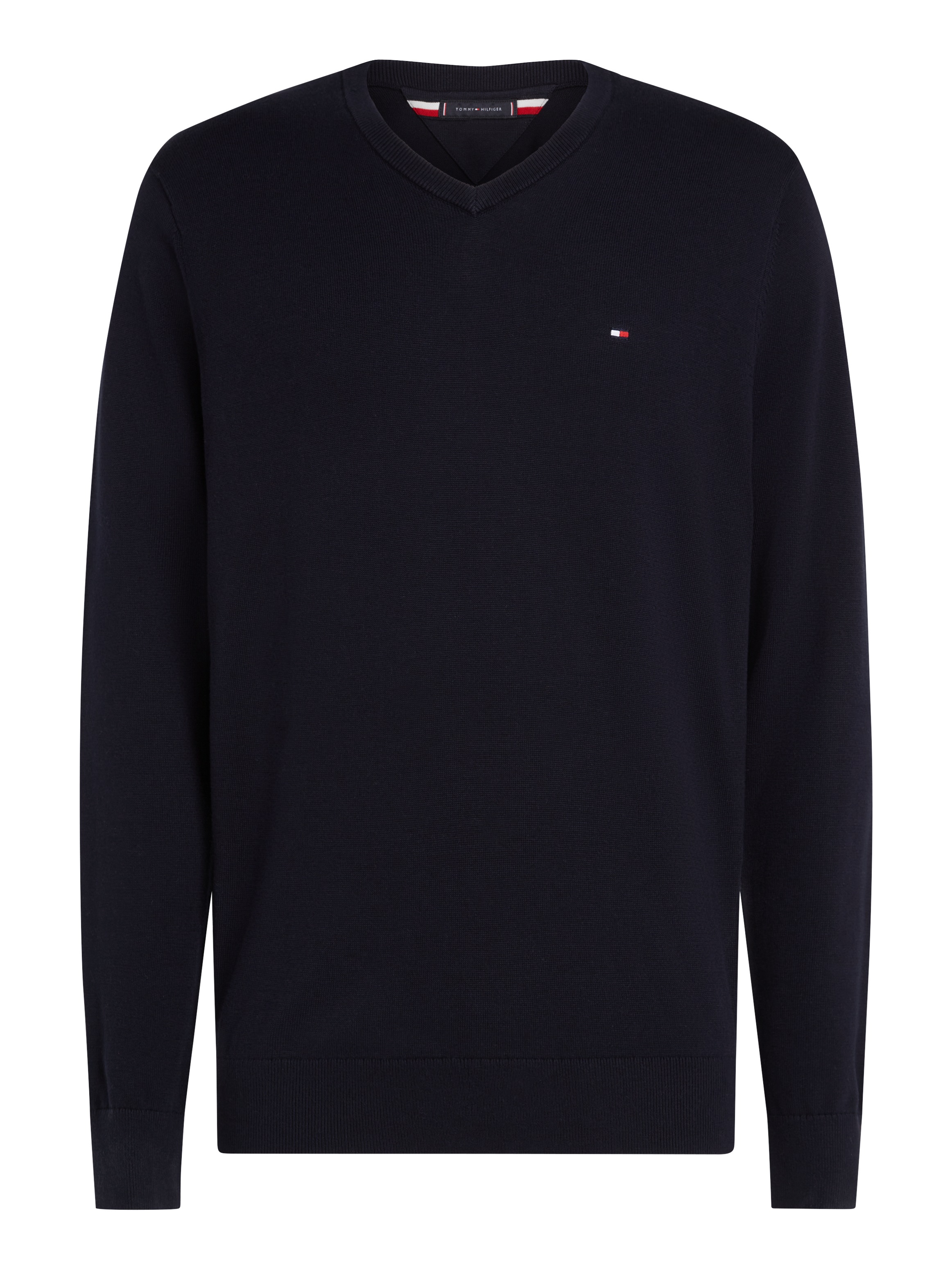 Tommy Hilfiger Strickpullover »ESSENTIAL COTTON V NECK mit V-Ausschnitt und Stickerei«, unifarben, casual, regular fit, Baumwolle, V-Ausschnitt