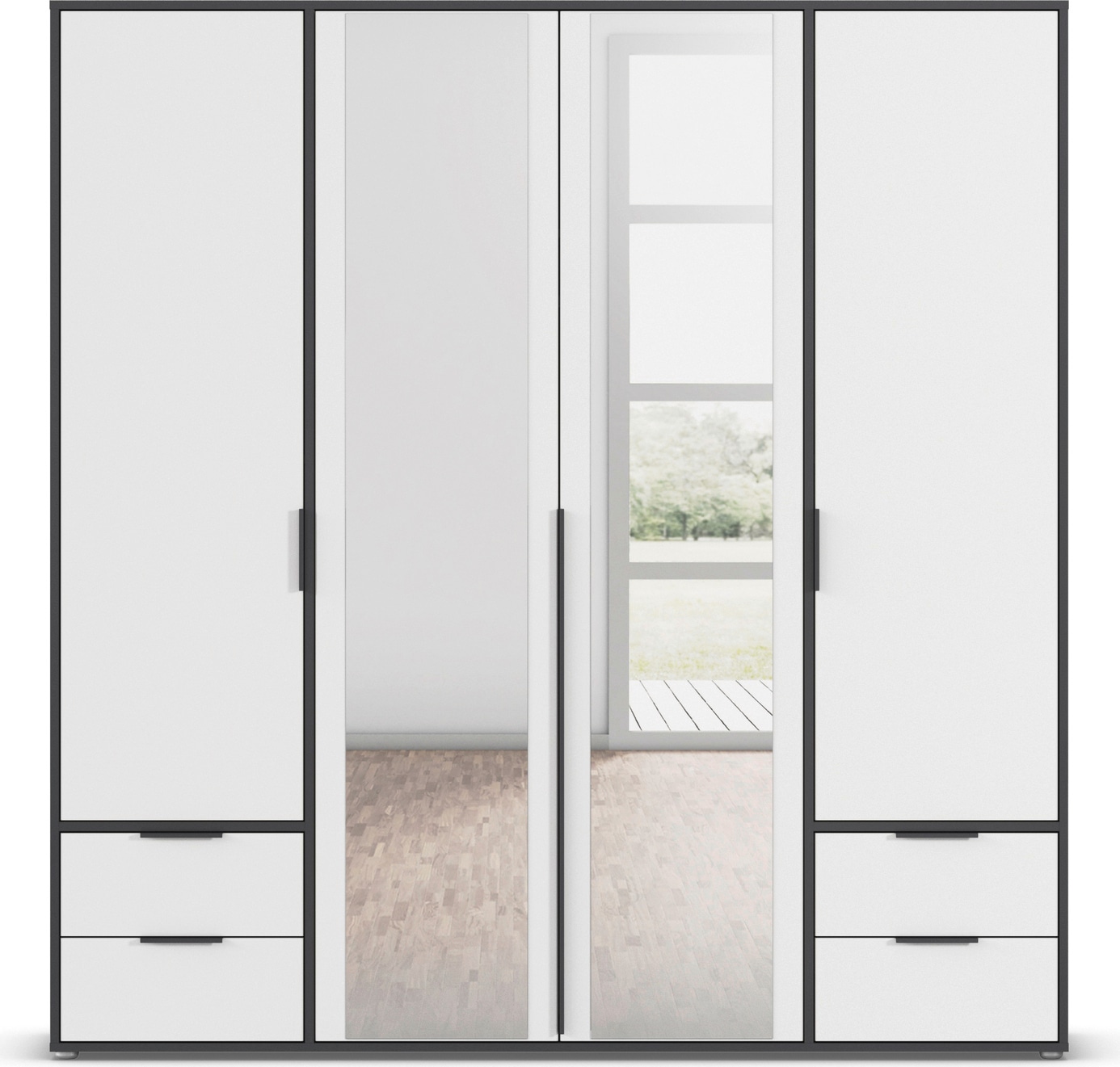 rauch Drehtürenschrank »Kleiderschrank Schrank Garderobe Wäscheschrank NAGATA mit Spiegel«, (in 3 verschiedenen Ausstattungen BASIC/CLASSIC/PREMIUM), und Schubladen sowie Stangengriffen TOPSELLER MADE IN GERMANY