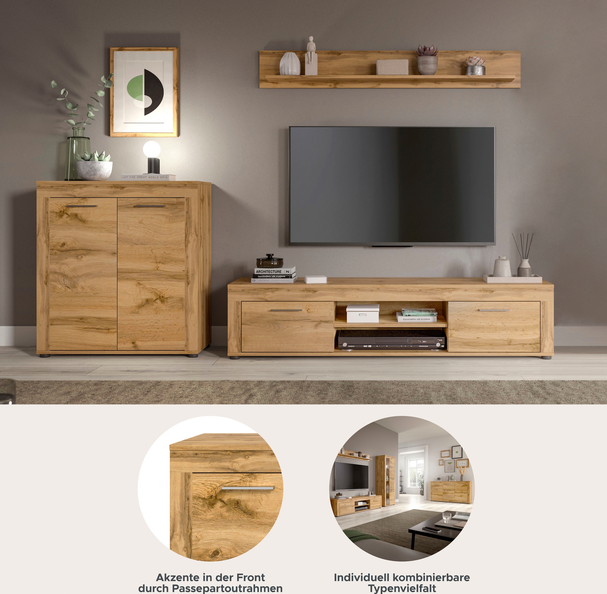 INOSIGN Wohnwand »Aosta, Breite 255cm, bestehend aus Highboard, Lowboard, Wandboard«, (3 St.), Wohnwand, Kombination, Anbauwand, Möbel Set, Schrankwand, Möbel Kombi