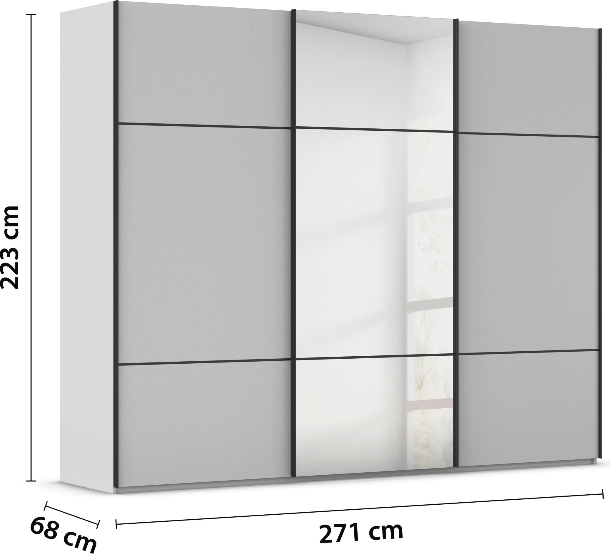 rauch Schwebetürenschrank »Kleiderschrank Schrank Garderobe Schlafzimmerschrank SCALE-TRIO«, edle dreigeteilte Front mit 2 Zierleisten und Spiegel MADE IN GERMANY