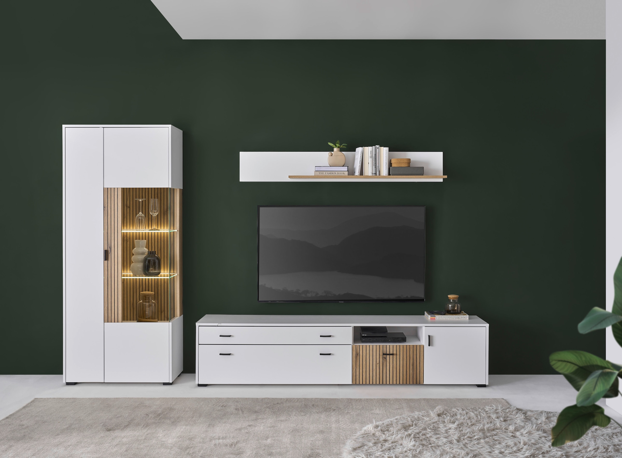 INOSIGN Wohnwand »HUDSON« Set, 3 Stk. tlg. Weiß Matt TZ, Applikation Evoke Eiche MDF TZ Set besteht aus 1 Stauraumvitrine, 1 Lowboard und 1 Wandregal