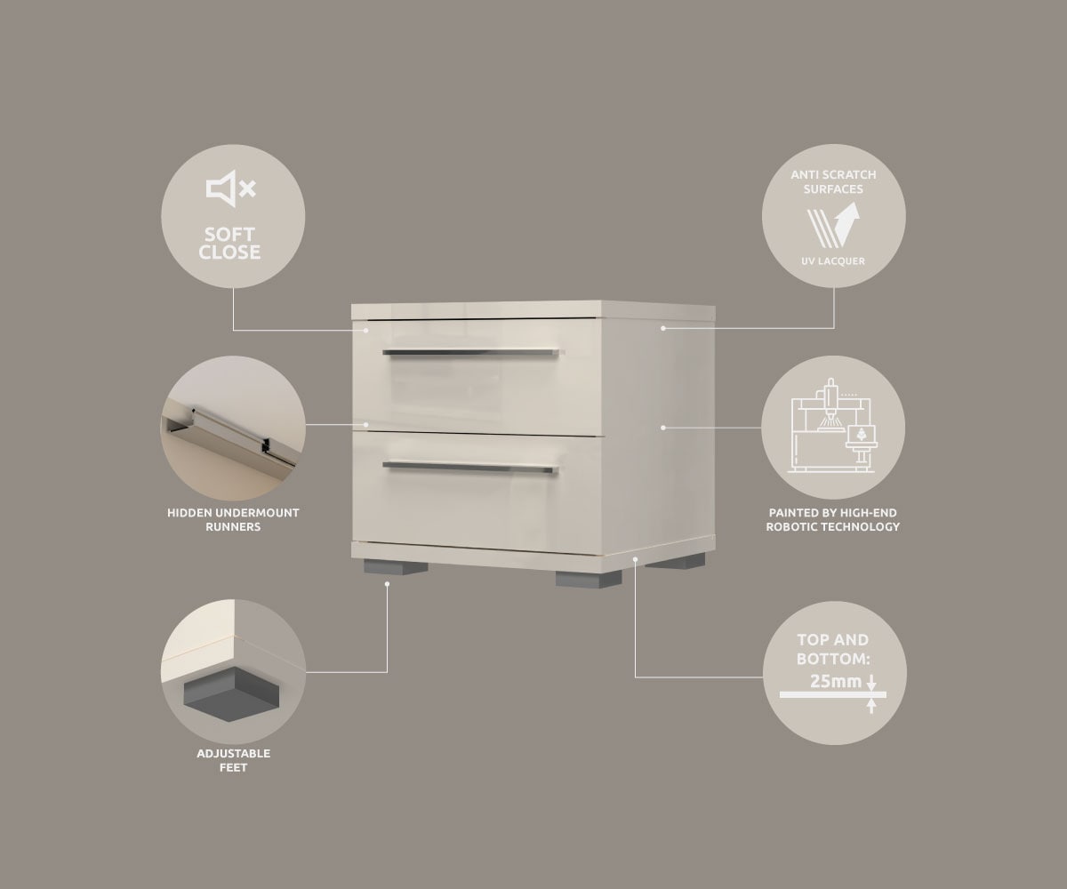 Places of Style Nachtkommode »Piano, Nachttisch aus FSC-zertifiziertem Holzwerkstoff, Made in Europe«, (45/40/43 oder 61cm (B/T/H), ideal passend zum Boxspringbett), UV lackiert, hochglänzend, Soft-Close Funktion, 2 oder 3 Schubladen