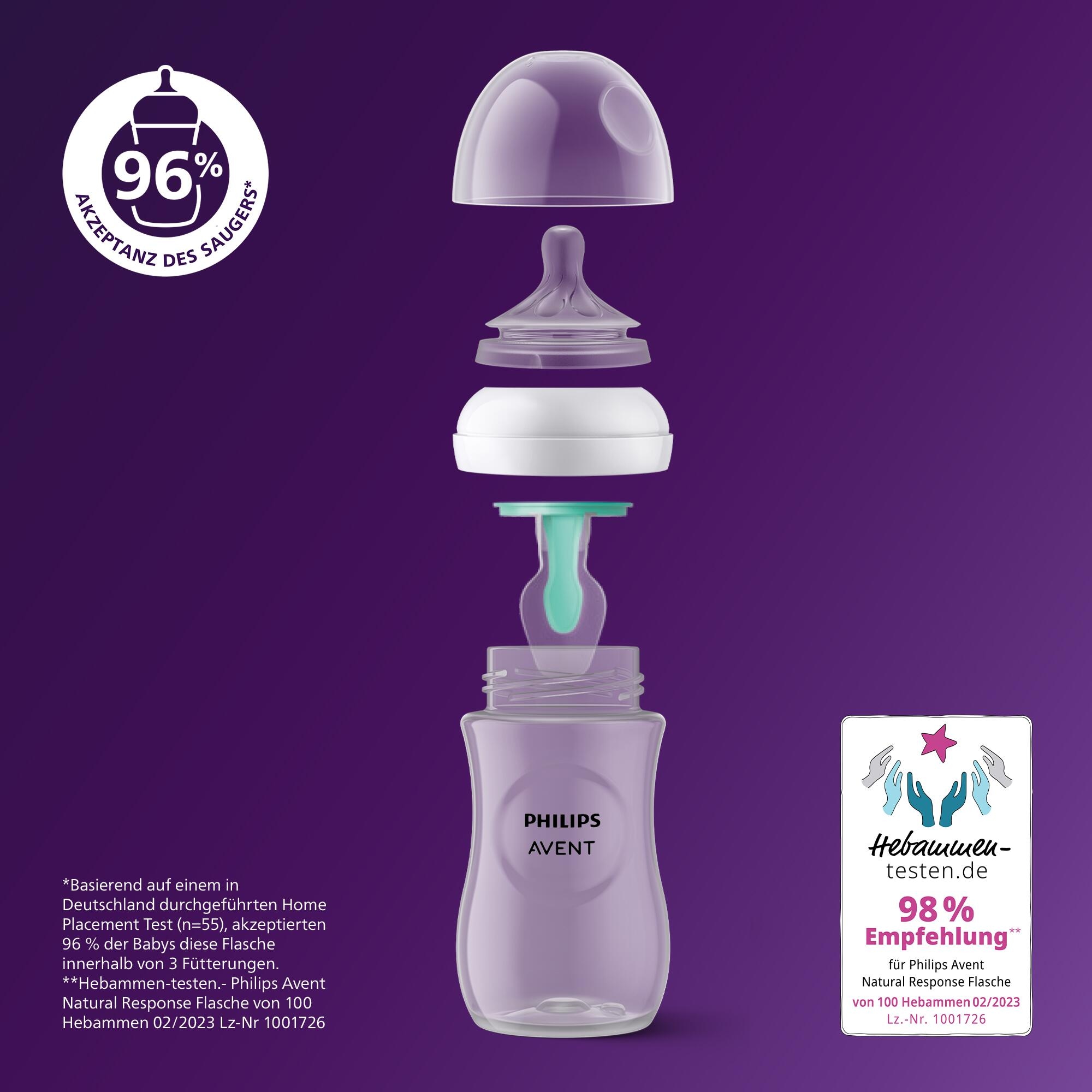 Philips AVENT Babyflasche »Natural Response Flaschen-Set Air-Free Ventil SCD657/11« 4 Flaschen mit AirFree-Ventil, ultra soft Schnuller, Flaschenbürste