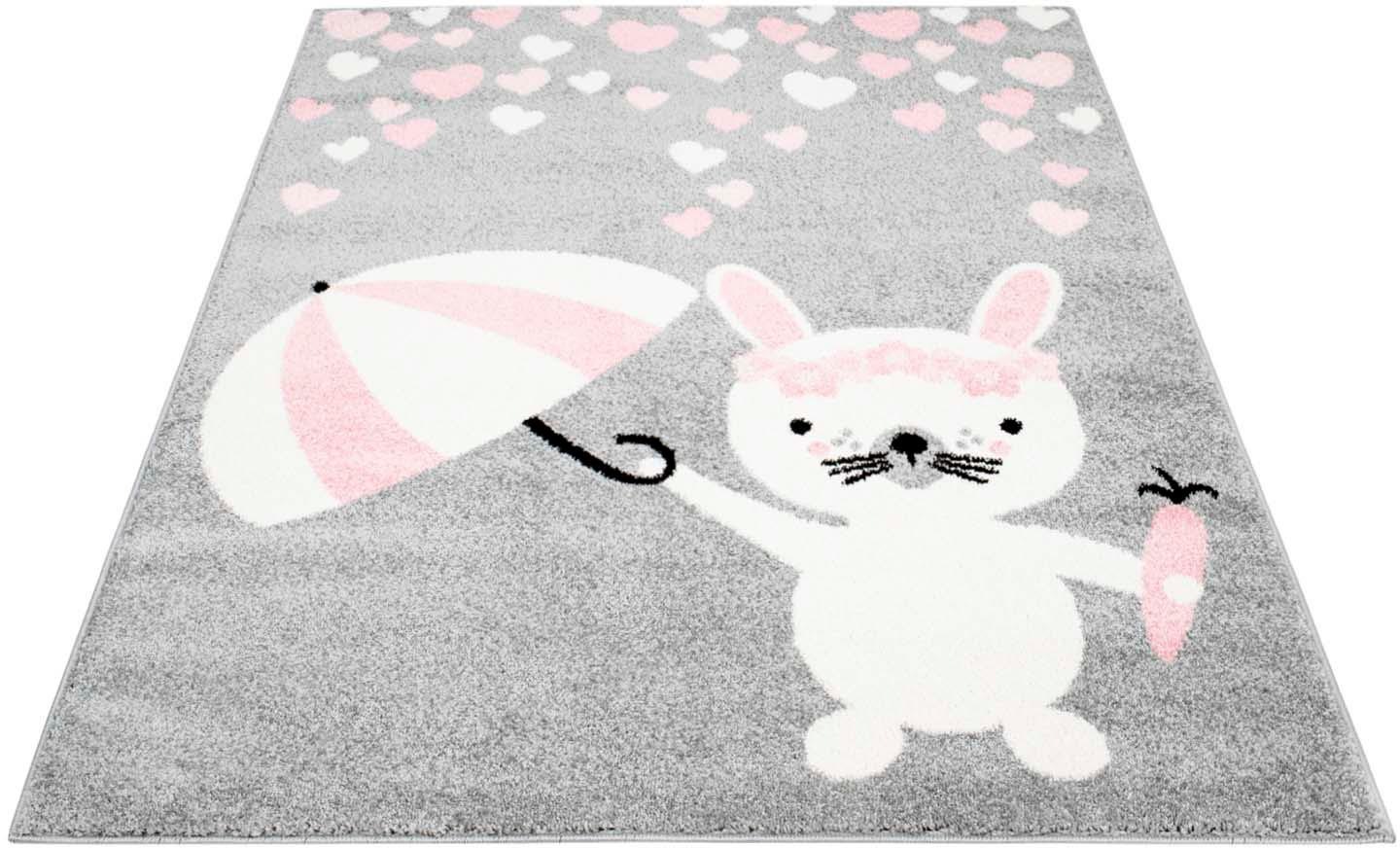 Carpet City Kinderteppich »Bubble Kids 1318«, rechteckig, 11 mm Höhe, Spielteppich, Hase, Herzen, Weicher Flor, Pflegeleicht, Kinderzimmer
