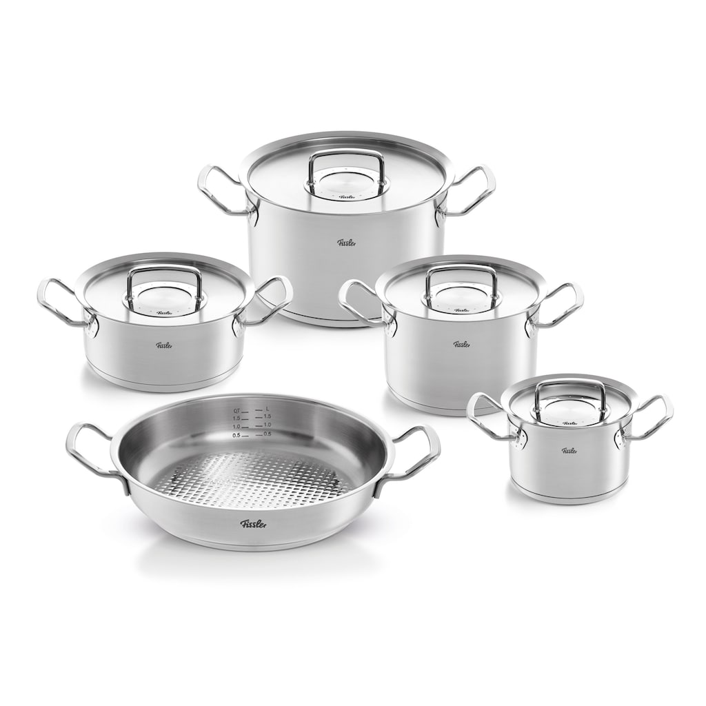 Fissler Topf-Set »ORIGINAL-PROFI COLLECTION® Edelstahl-Topfset«, Edelstahl 18/10, (9 tlg., Bratentopf 20 cm, je 1 Fleischtopf 16/20/24 cm, Servierpfanne 28 cm), mit breitem Schüttrand, Kaltmetallgriffen. Made in Germany, Induktion