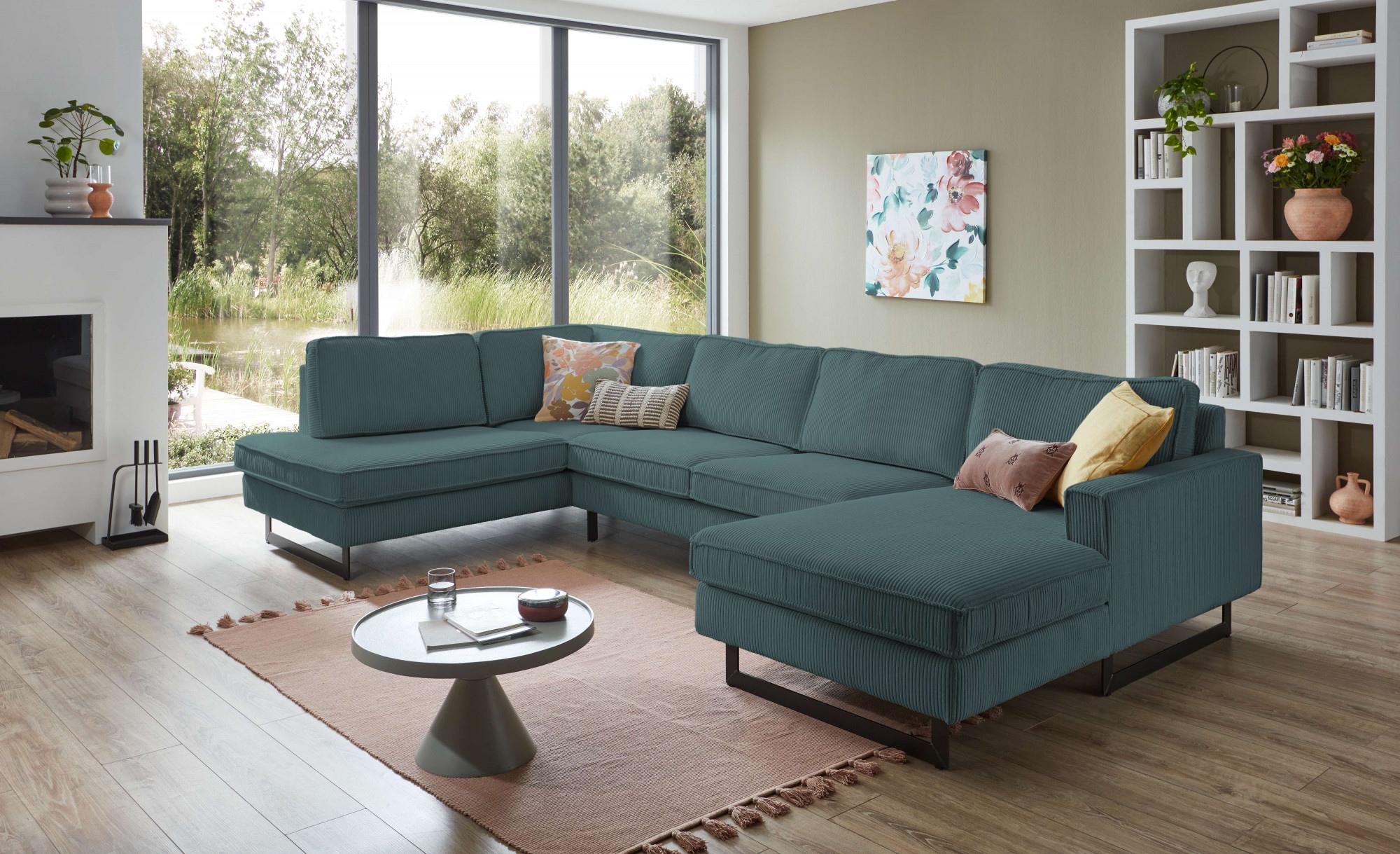 Places of Style Wohnlandschaft »Pinto, 350 cm, U-Form, XXL, mit Ottomanen«, Cord, Chenille, Lederoptik, mit Keder, Metallfüße, Wellenunterfederung