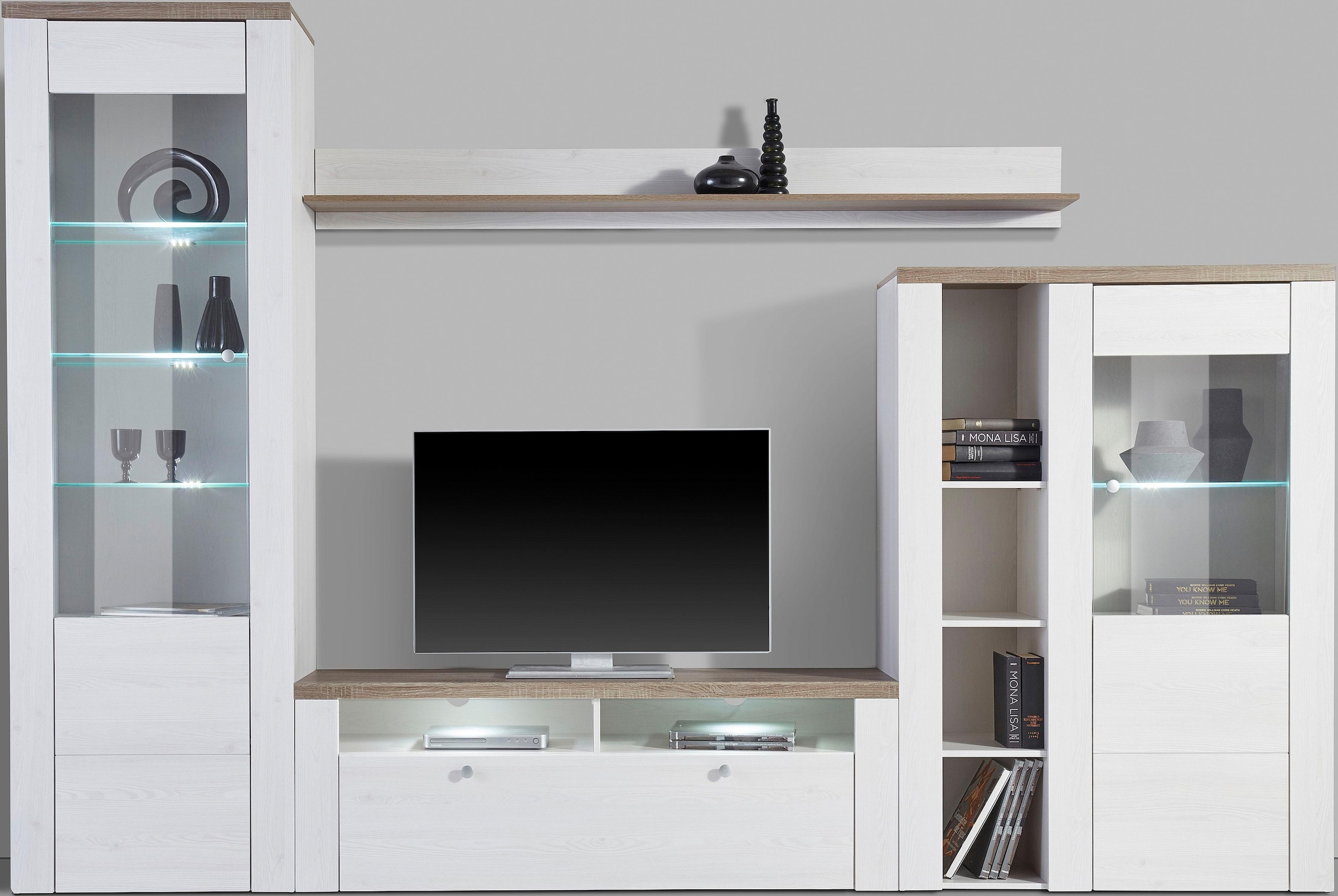 Home affaire Wohnwand »Larona, Anbauwand, Set 4 Teilig«, (Set, 4 St.), bestehend aus 1 TV-Board, 1 Highboard, 1 Vitrine, 1 Wandregal