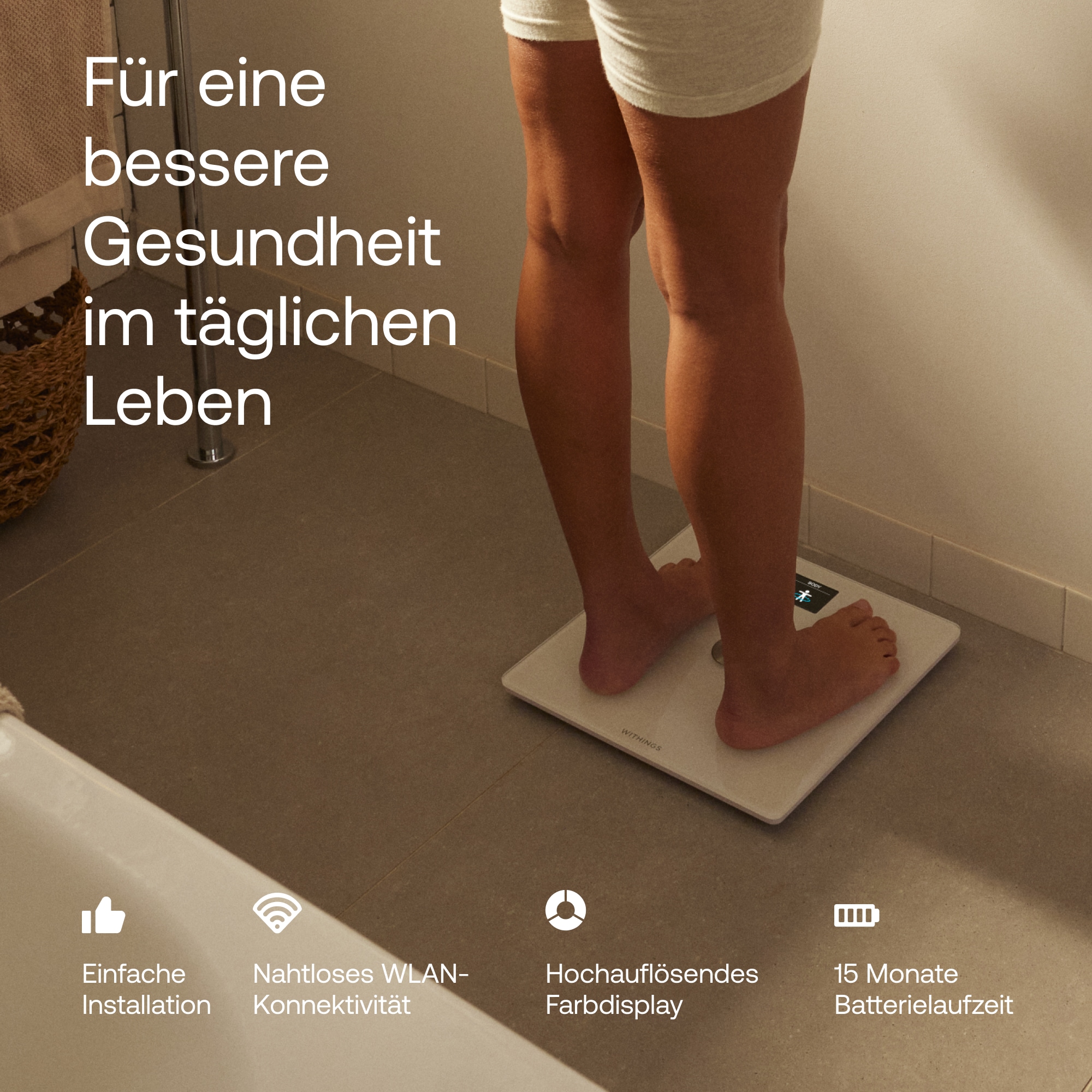 Withings Personenwaage »Body Smart, einschließlich Körperfett-/Muskelmasse« automatische Erkennung und Verfolgung von bis zu 8 Benutzern