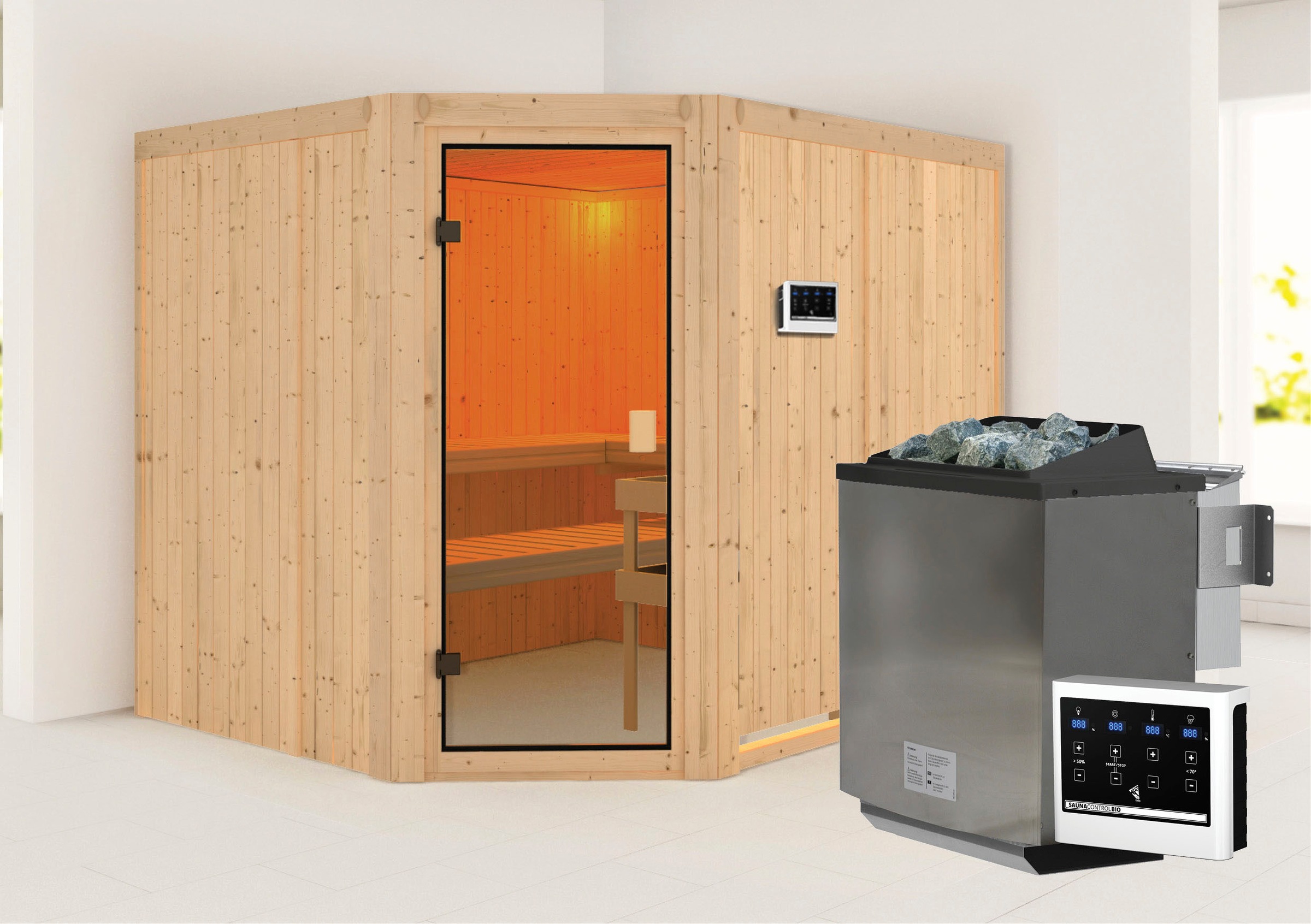 KARIBU Sauna »Horna« Ofen 9 kW Bio externe Strg easy naturbelassen