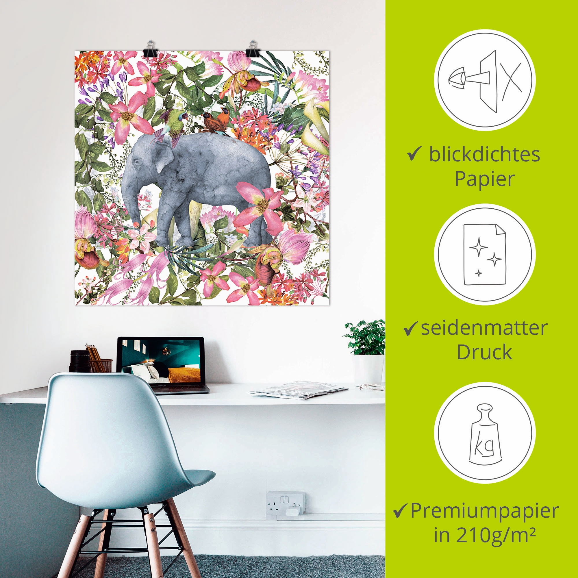 Artland Wandbild »Elefant im Blüten Dschungel«, Wildtiere, (1 St.), als Leinwandbild, Poster in verschied. Größen