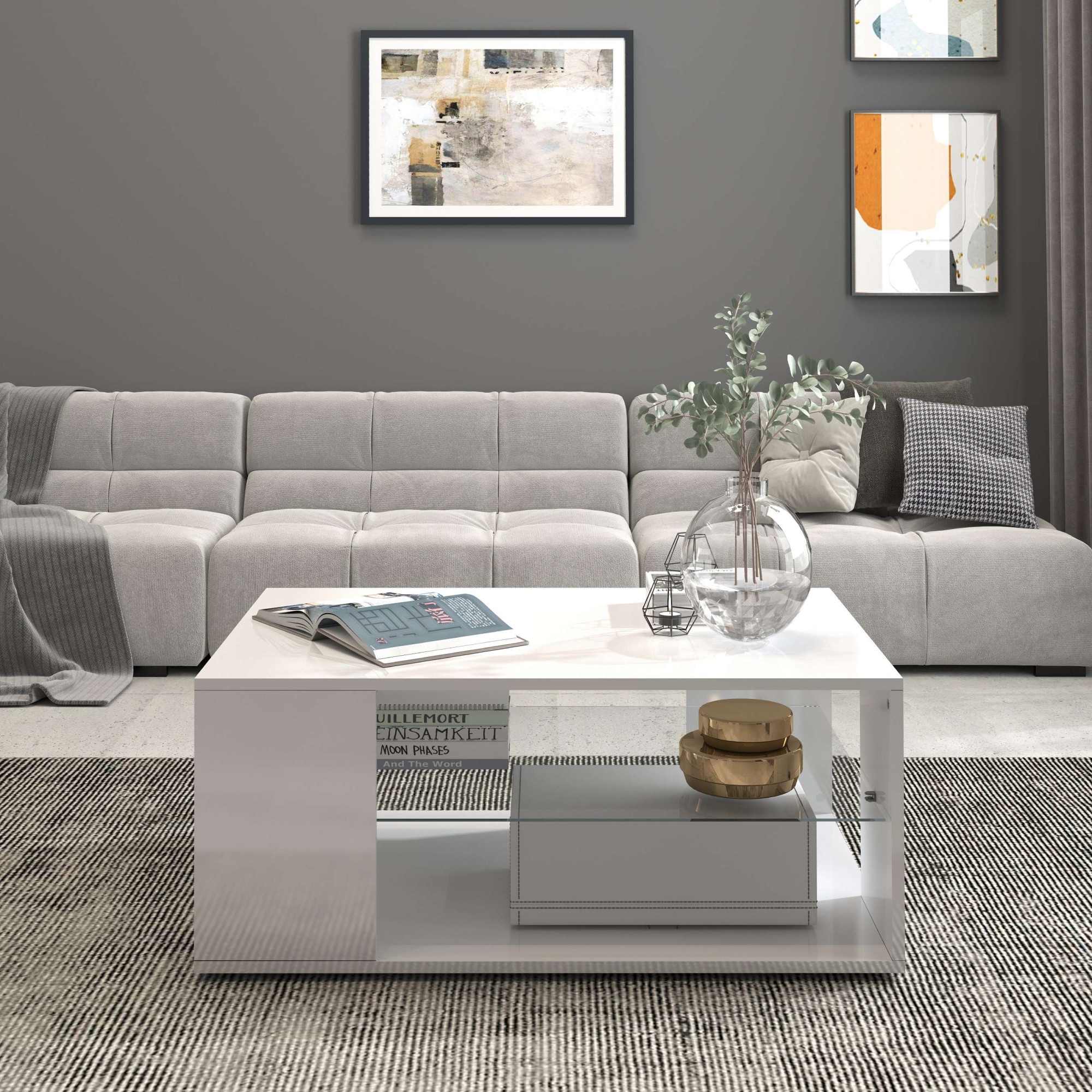 INOSIGN Couchtisch »Egypt Couchtisch,Sofatisch«, (1 St.), Aus glänzend weiß lack. Holz, mit Glasablage,rechteckig,Breite 90 cm