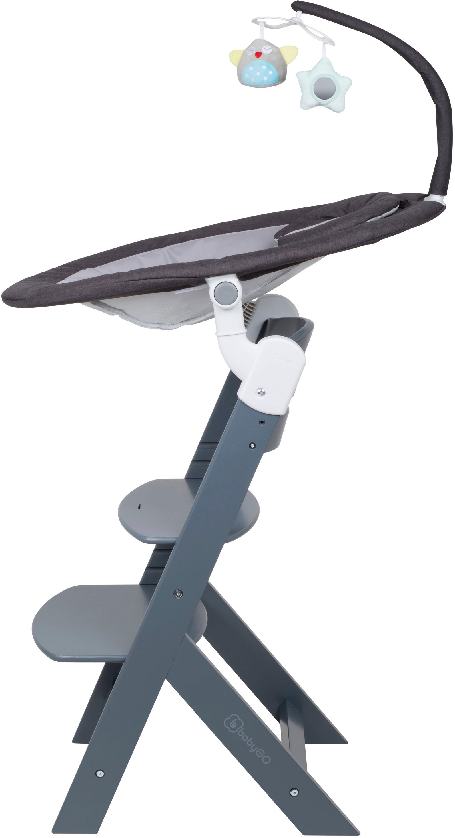 BabyGo Hochstuhl »Family Homey Set, grau/dunkelgrau«, mit elektrischer Babywippe inkl. Spielbogen