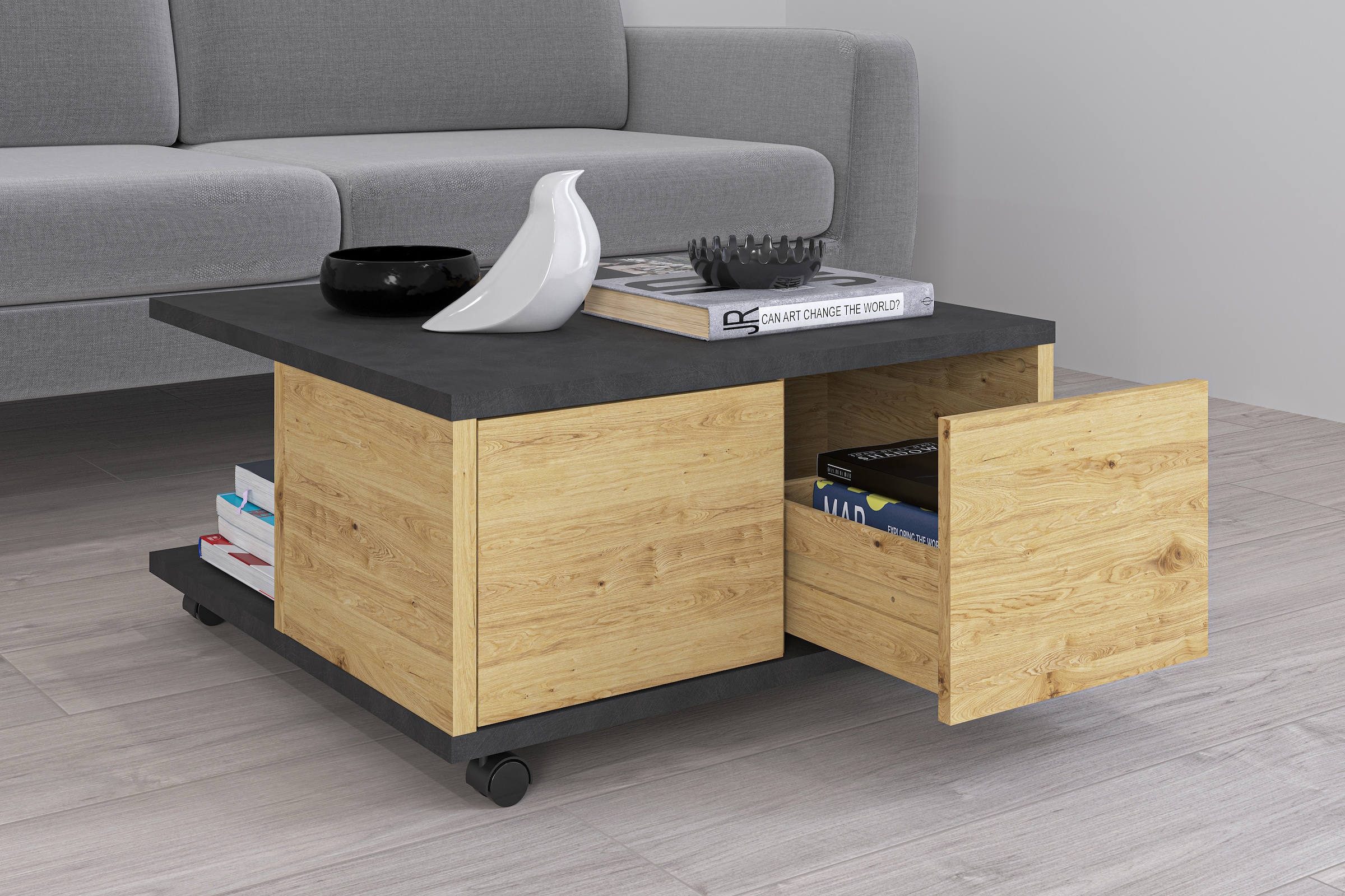 FMD Couchtisch »Twin« Schubladen als Push-to-open, viel Staur., mit Rollen, günstig online kaufen