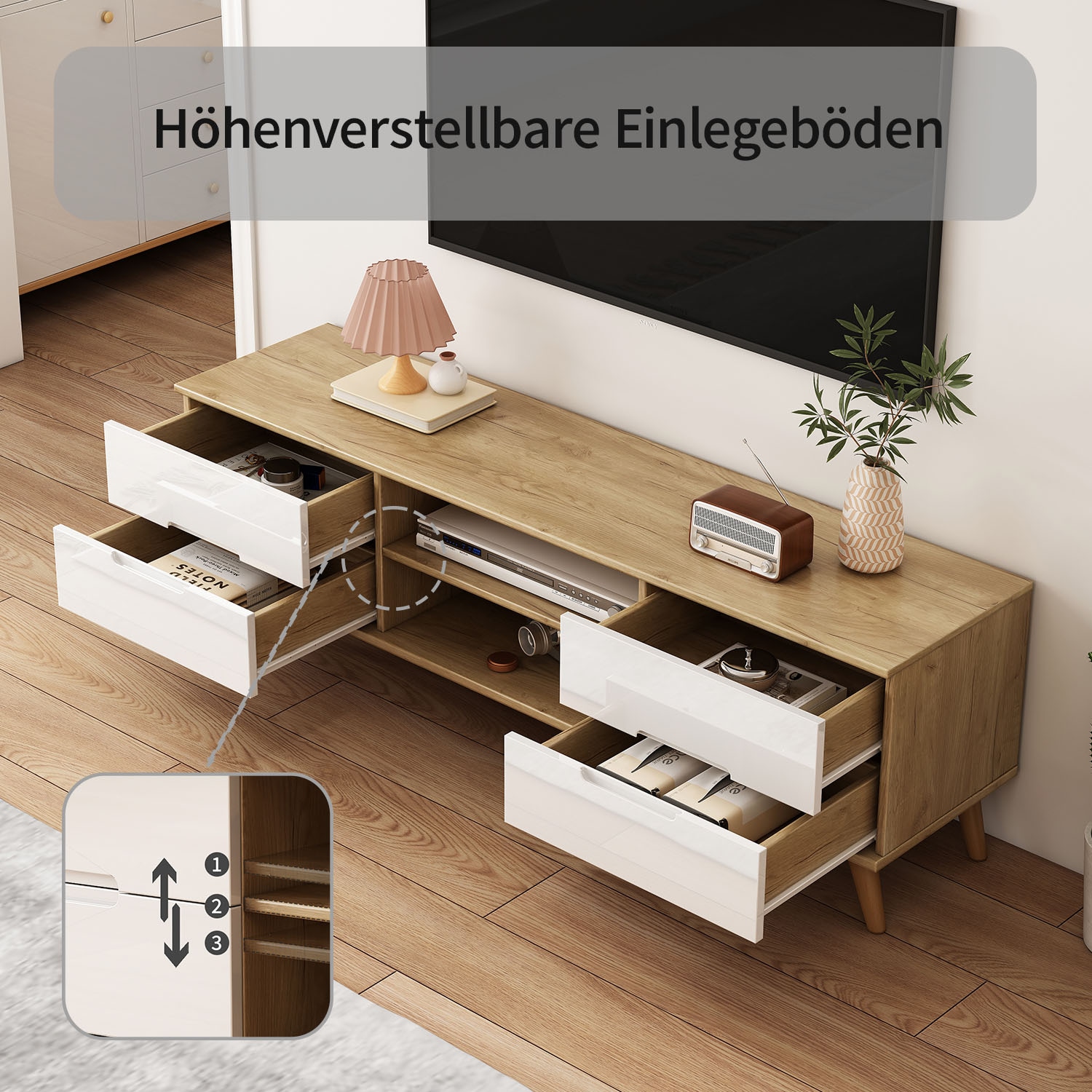OTTO home TV-Board »Lund« glänzende Fronten, Kabeldurchführung, helles Holzdekor, Breite 160 cm