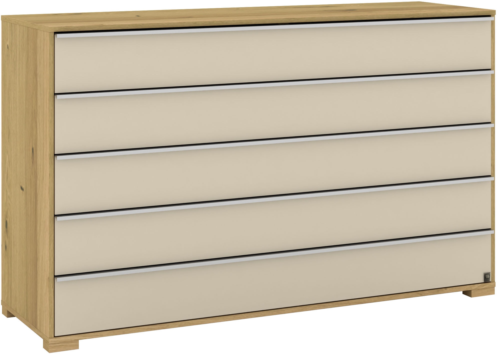 Musterring Schubkastenkommode »Savona Sideboard, Wäscheschrank, mit Schubladen, teilmassiv, 141 cm«, (Bianco-Eiche, mit Glas, mit Selbsteinzug und Dämpfung, MADE IN GERMANY), Fronten Glas Champagner, Schubkästen mit Soft-Abstoppung, Breite 141cm
