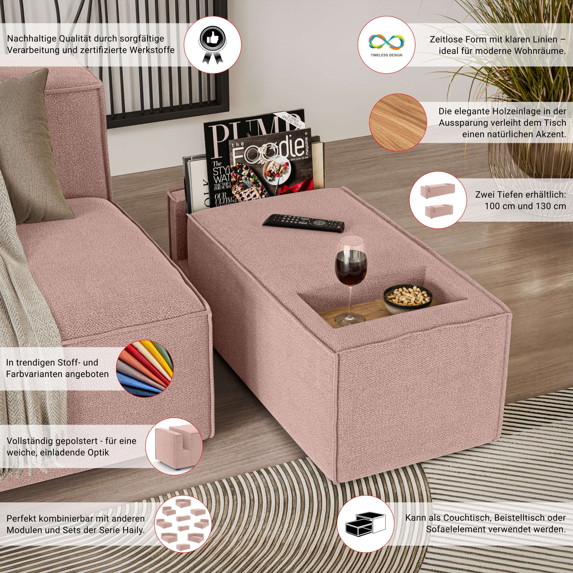 INOSIGN Sofaelement »HAILY Tisch XL für das Modulsofa, extra tief, Maße B/T/H: 45/130/37 cm«, als Modul oder separat verwendbar, mit Steckfach und Ablagefläche