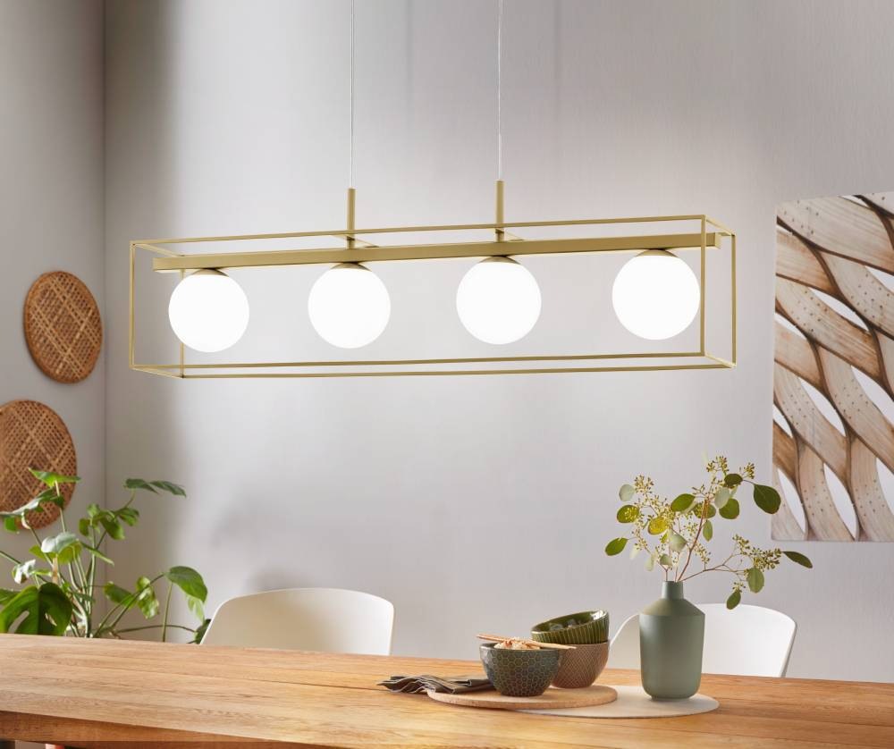 EGLO Hängeleuchte »VALLASPRA«, 4 flammig, Leuchtmittel E14 | ohne Leuchtmittel, Pendelleuchte aus Stahl, Farbe: Champagner, Glas: Weiß, opal-matt, E14