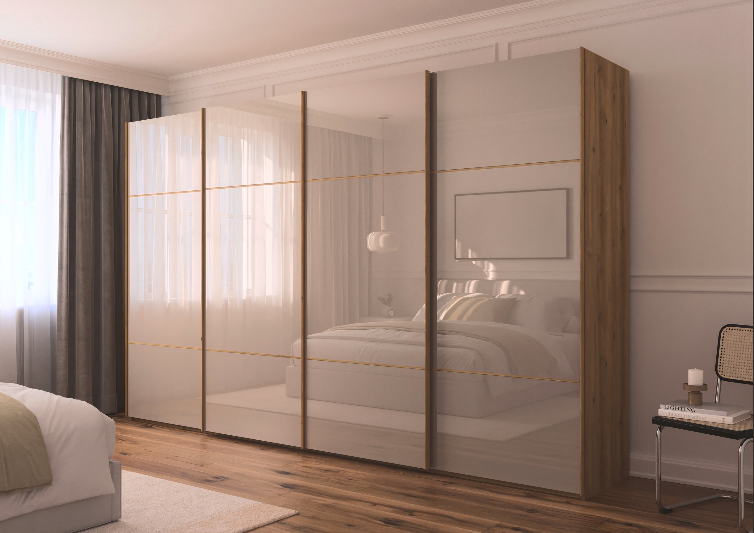 rauch Schwebetürenschrank »Kleiderschrank Schrank Garderobe Schlafzimmerschrank SCALE-TRIO«, edle dreigeteilte Front mit 2 Zierleisten Glasfront MADE IN GERMANY