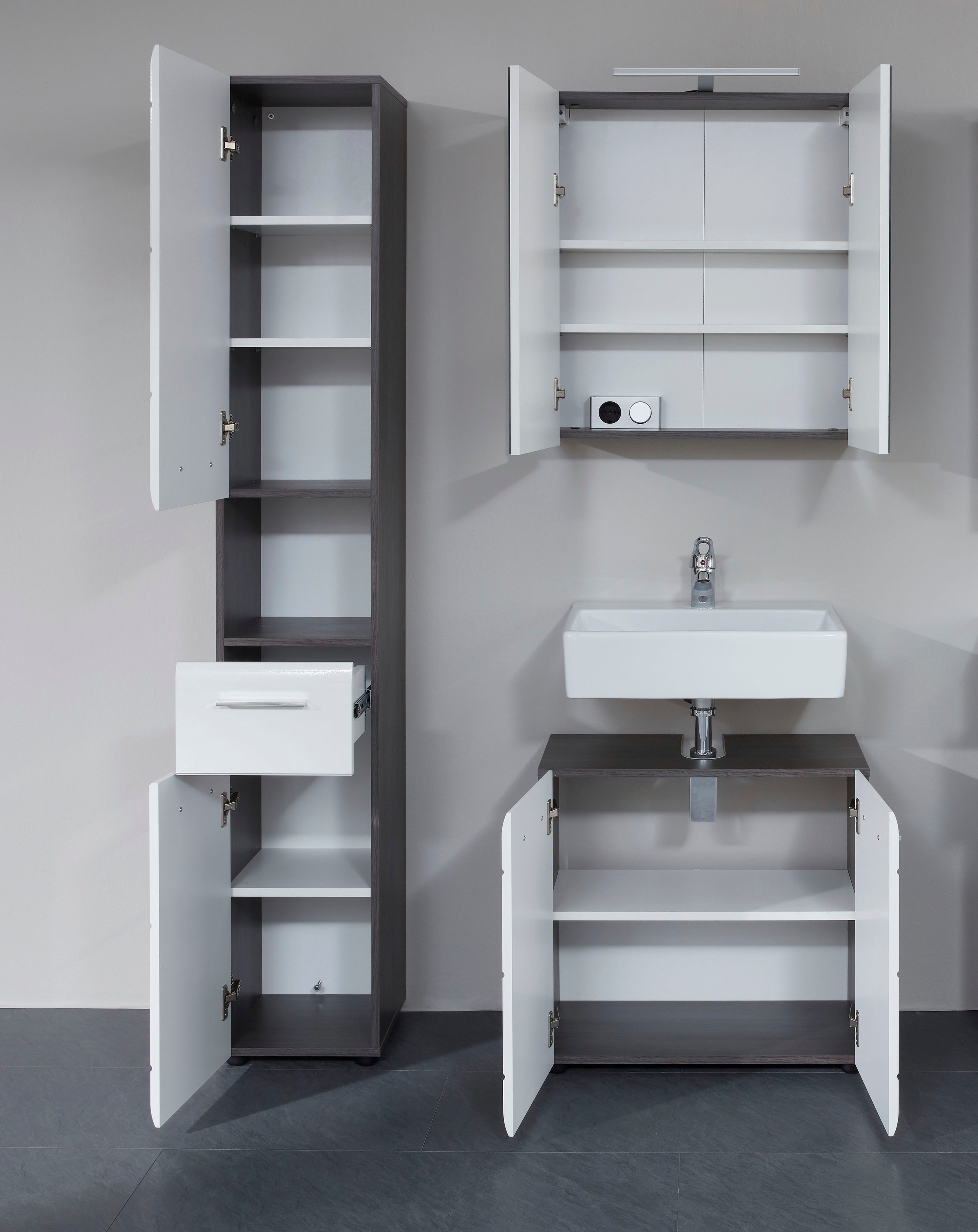 INOSIGN Badmöbel-Set »Sovana«, (Set, 3 St.), Hochschrank, Waschtisch und Spiegelschrank mit Beleuchtung