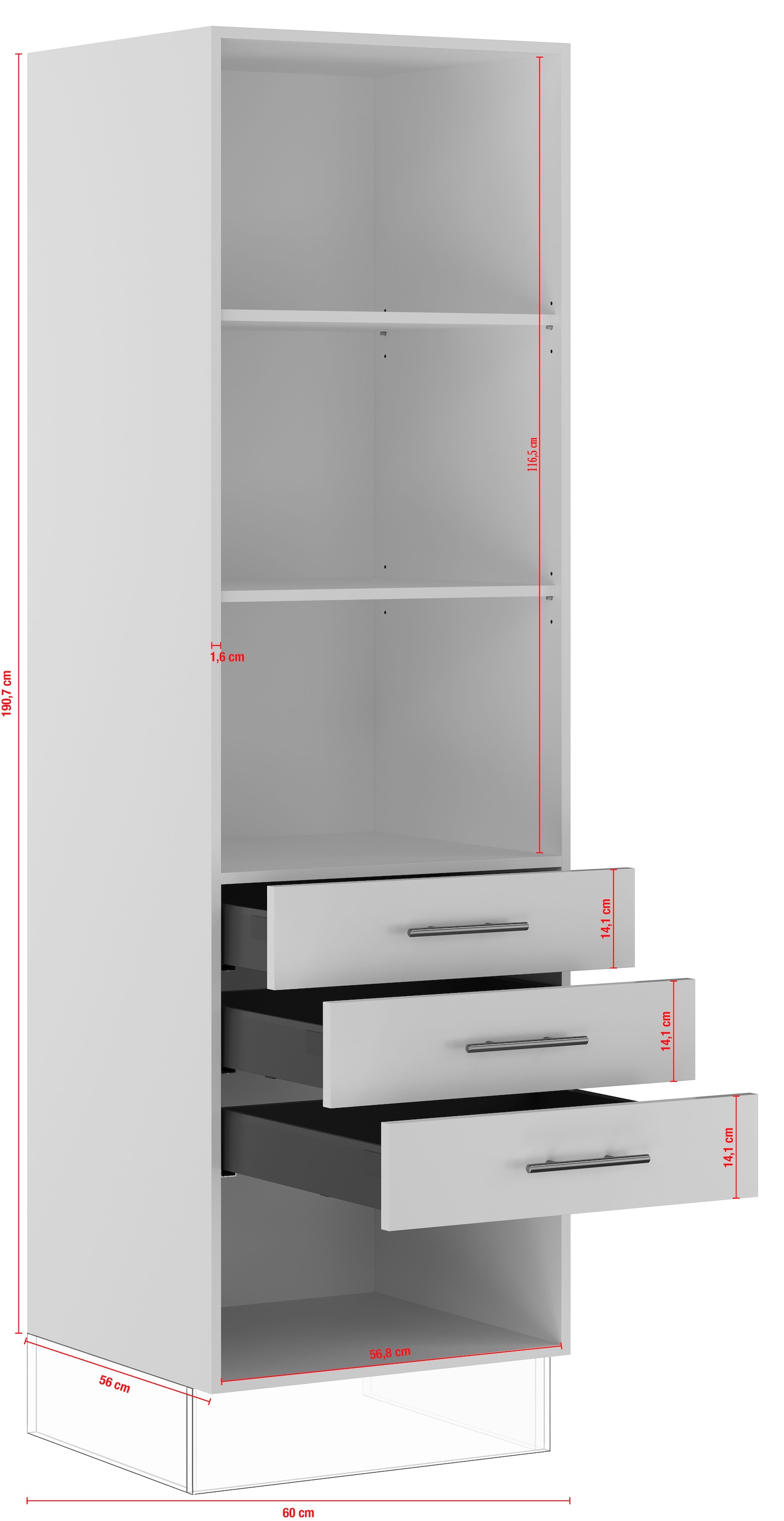 IMPULS KÜCHEN Seitenschrank »"Valencia", Breite/Höhe: 60/190,7 cm, mit Soft-Close«, vormontiert, mit Schubkästen, mit verstellbaren Fachböden