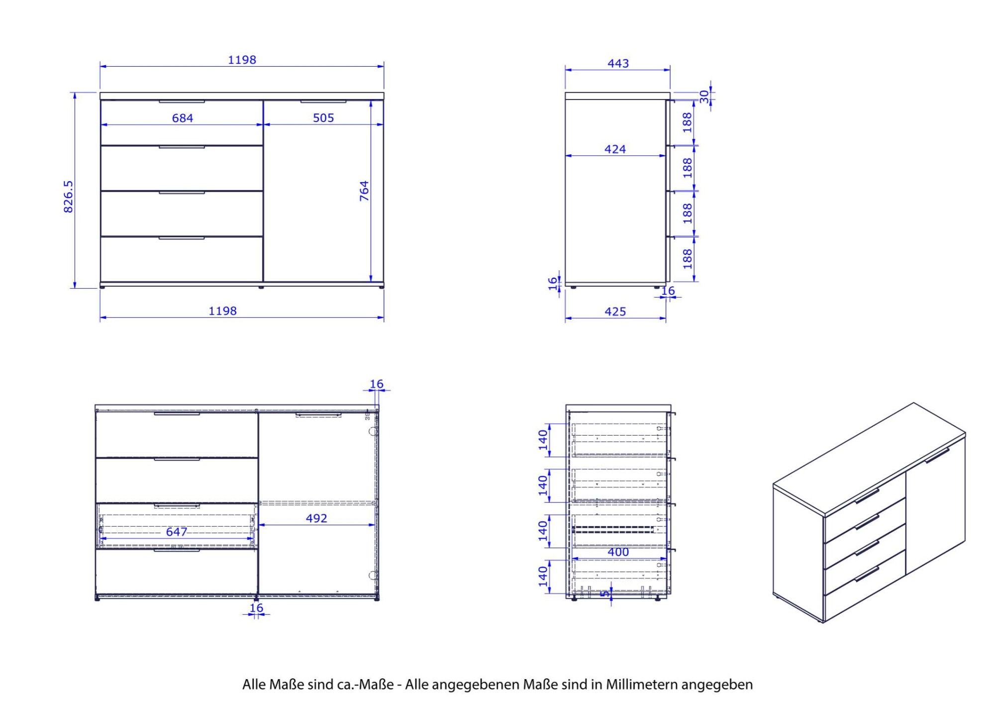Composad Kommode »Mundi, Lowboard, TV-Board, TV-Kommode, Fernsehschrank«, (1 St.), mit 4 Schubladen und 1 Tür hochglanz lackiert