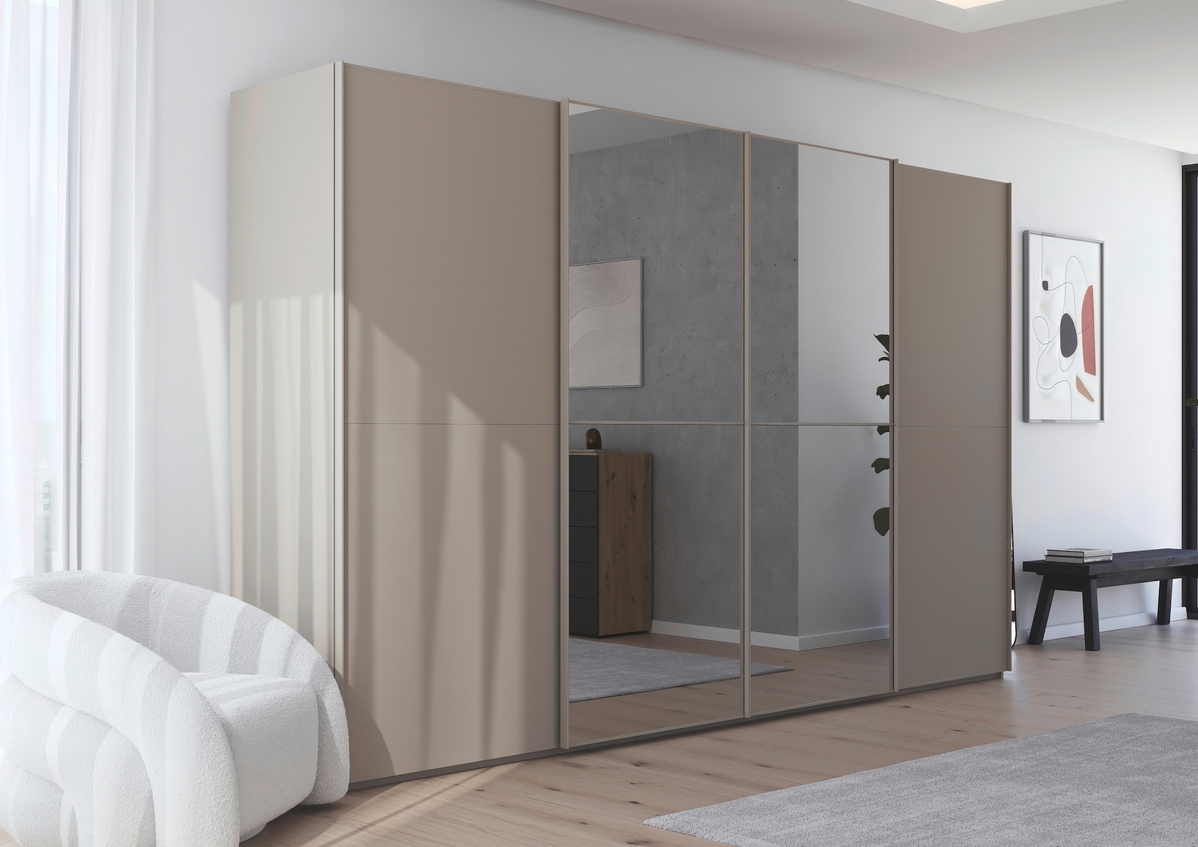 rauch Schwebetürenschrank »Kleiderschrank Schrank Garderobe Schlafzimmerschrank SCALE-DUO«, edle zweigeteilte Türen, Spiegel und 3 Zierleisten MADE IN GERMANY