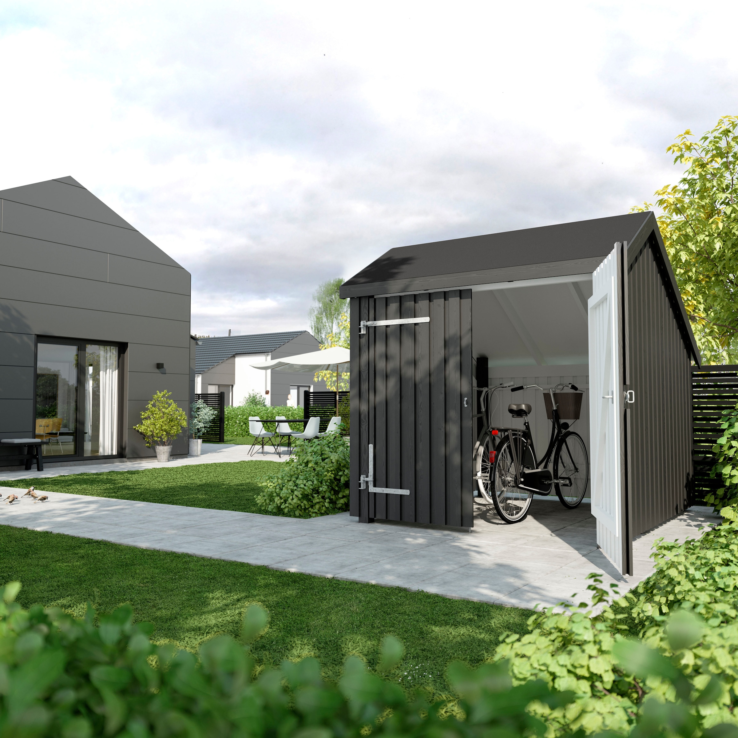 PLUS Gartenhaus, (Packung), Fahrradunterstand mit Doppeltür, Dachpappe/Aluleisten/H-Pfostenfüße