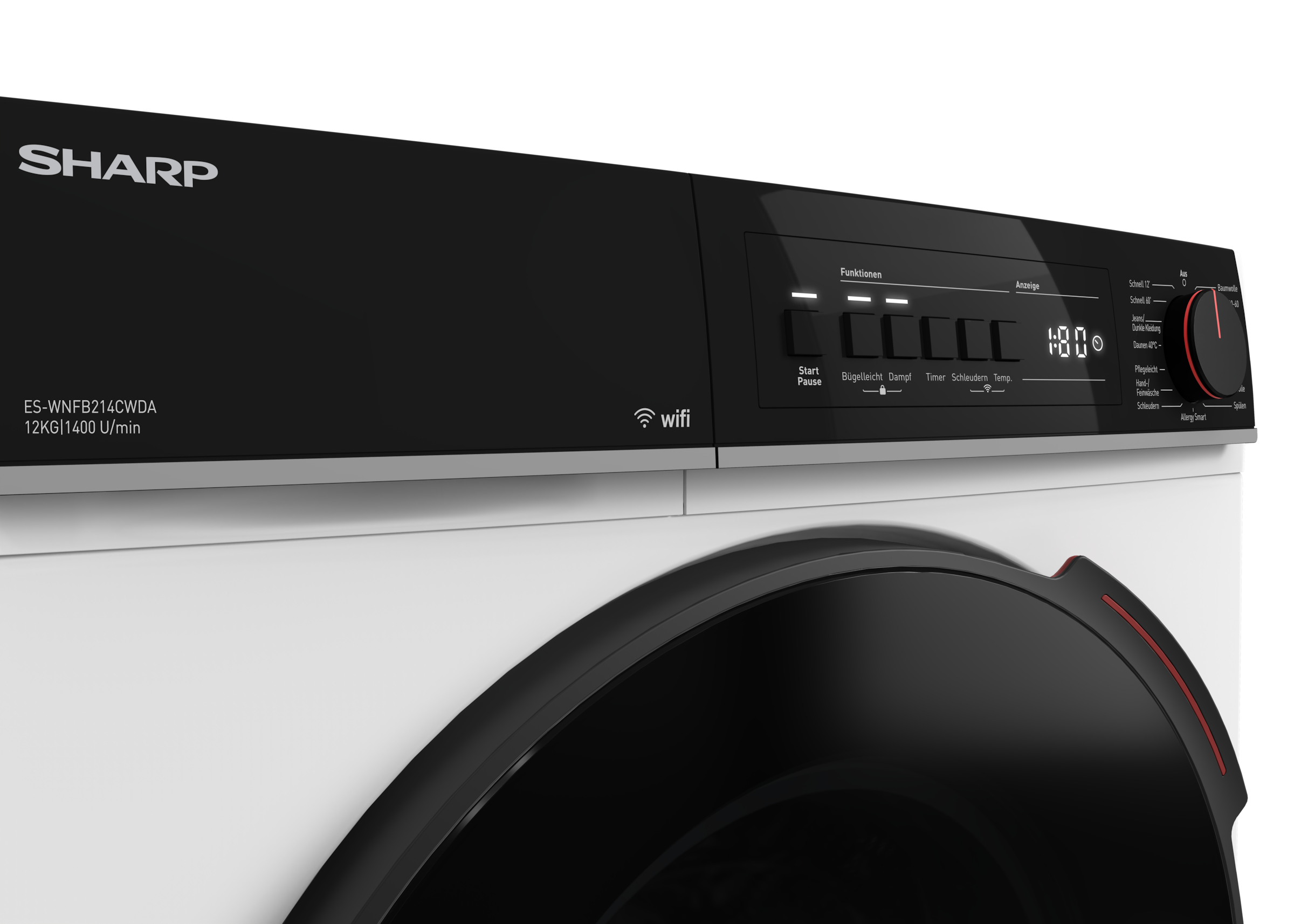 Sharp Waschmaschine Mid Class »ES-WNFB214CWDA-DE«, 12 kg, 1400 U/min, 12kg / +WIFI / A-20% / black Doorring+knob/Steam/White