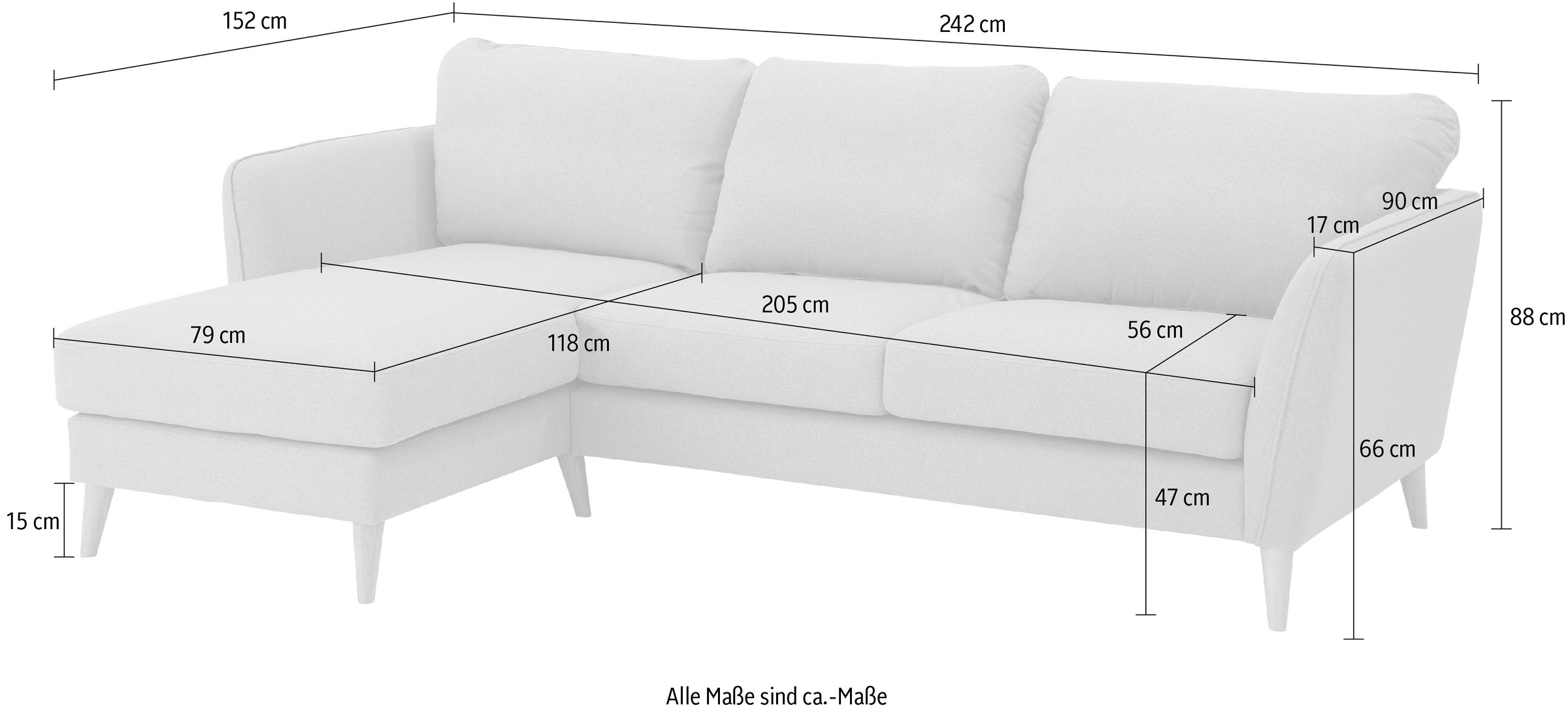 Home affaire Ecksofa »MARSEILLE (242/152cm),L-Form, Rec. rechts/links«, Massivholzbeine aus Eiche, in verschieden Bezügen und Farbvarianten
