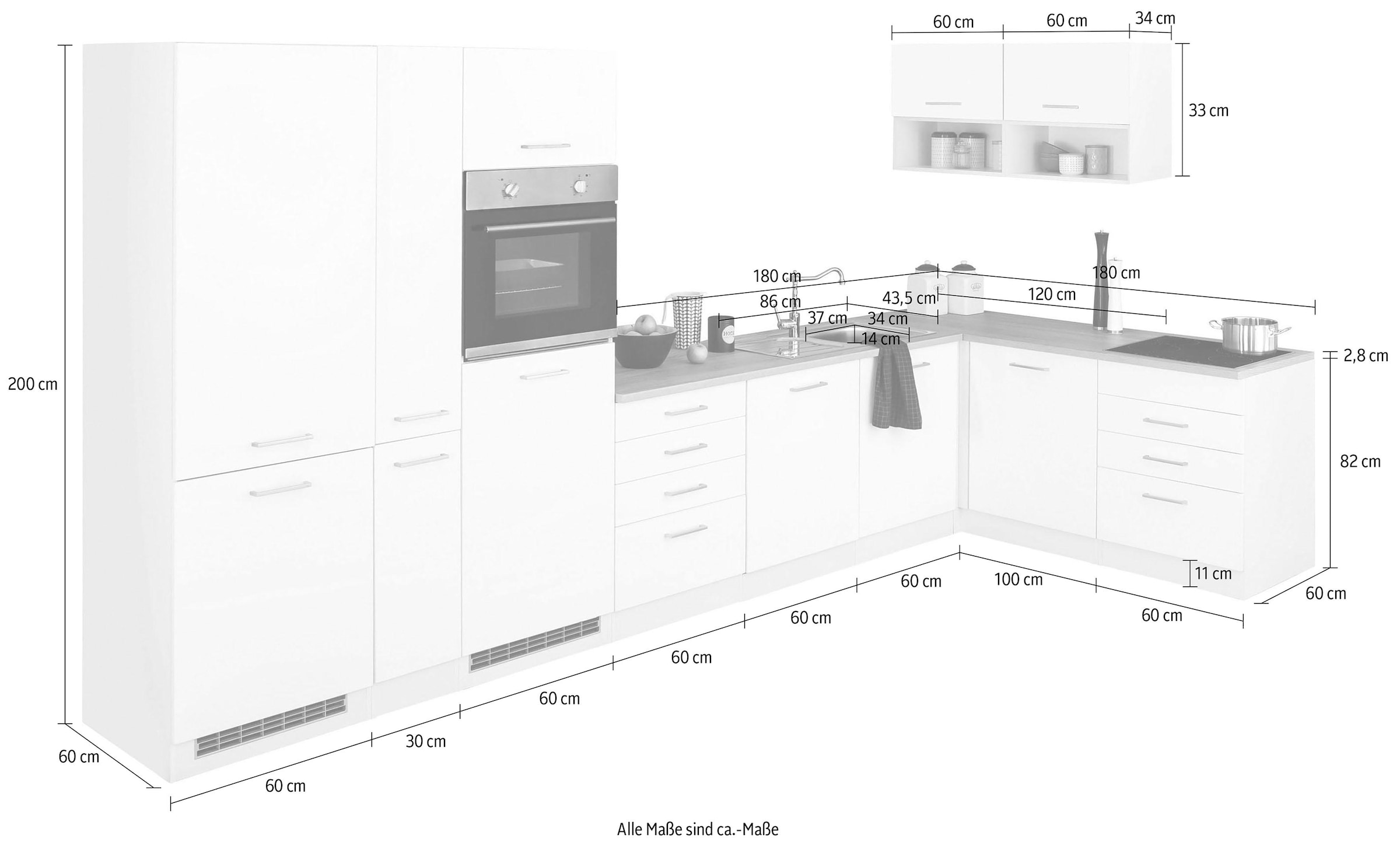 KOCHSTATION Winkelküche »KS-Visby«, ohne E-Geräte, 390x180 cm, für Kühl/Gefrierkombi und Geschirrspüler