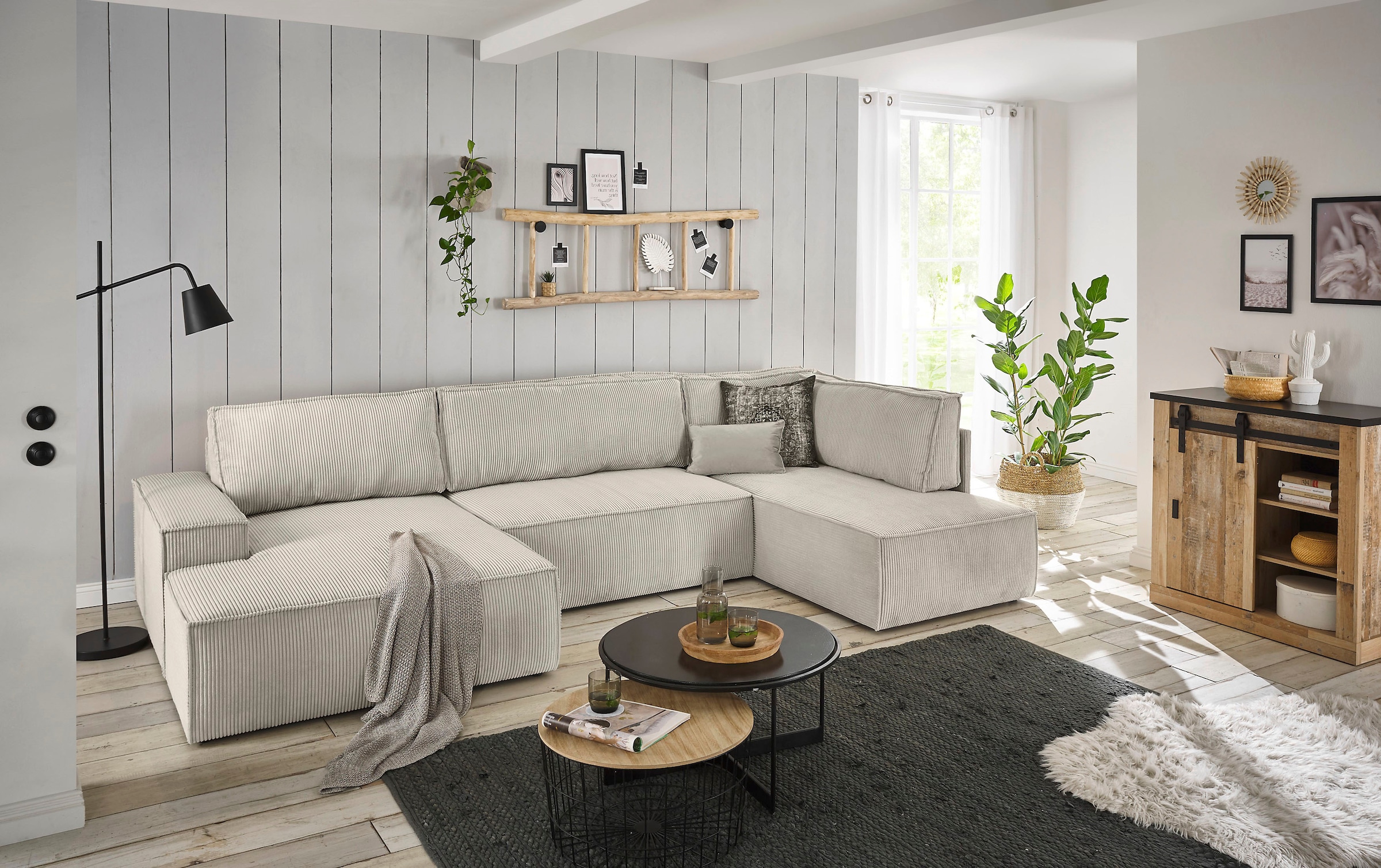 Home affaire Wohnlandschaft »SHERWOOD 329 cm, U-Form, Schlafsofa,«, Schlaffunktion m. Bettkasten (194x139 cm), Cord, Vintage, Samtvelours