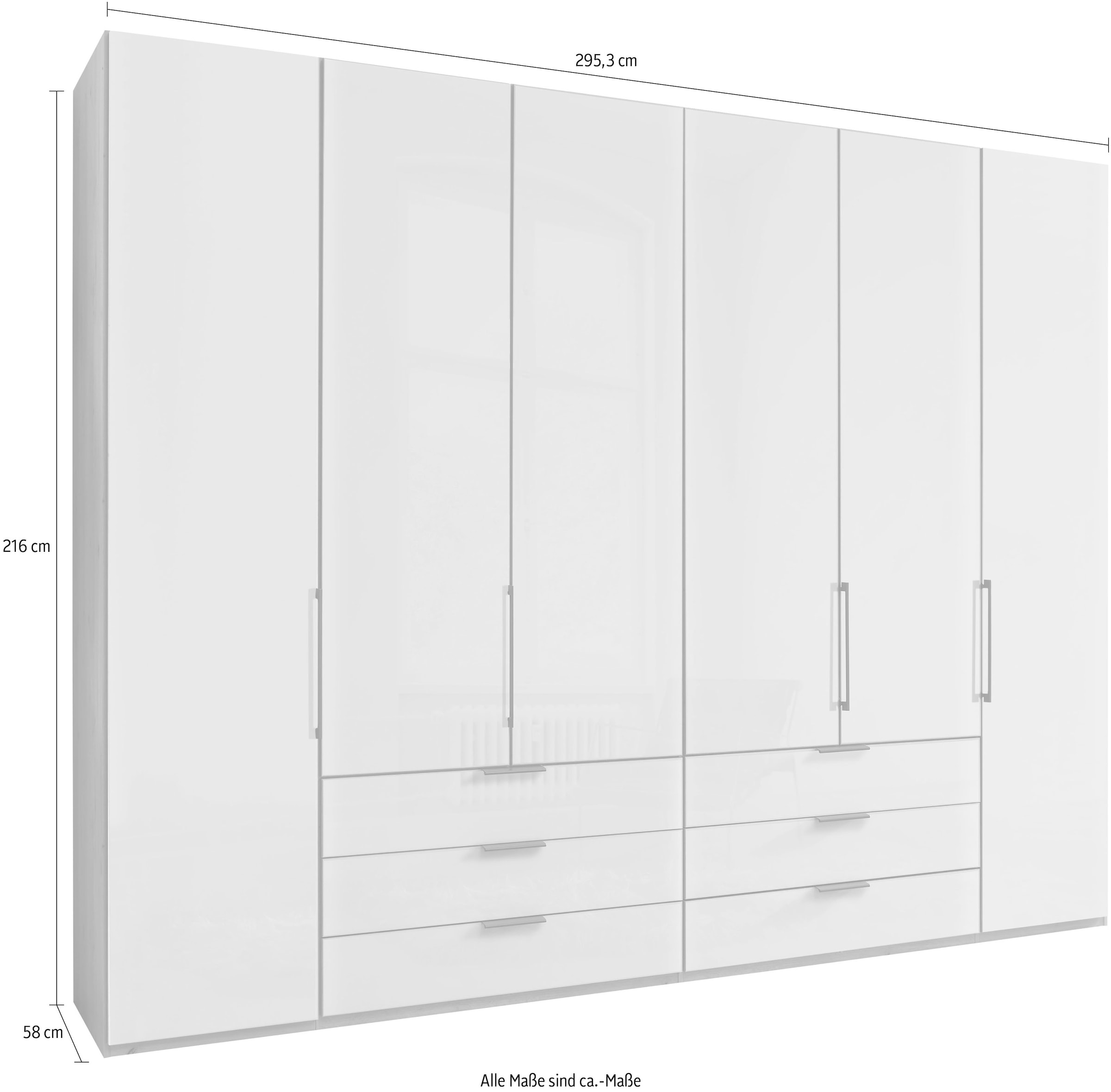 WIEMANN Falttürenschrank »Monaco, Kleiderschrank, Schrank, Wäscheschrank, mit edler Glasfront«, (2 Breiten, 2 Höhen 216/236 cm auswählbar, MADE IN GERMANY), inkl. gepämpften Schubkästen und Türen, mit Panoramaöffnung