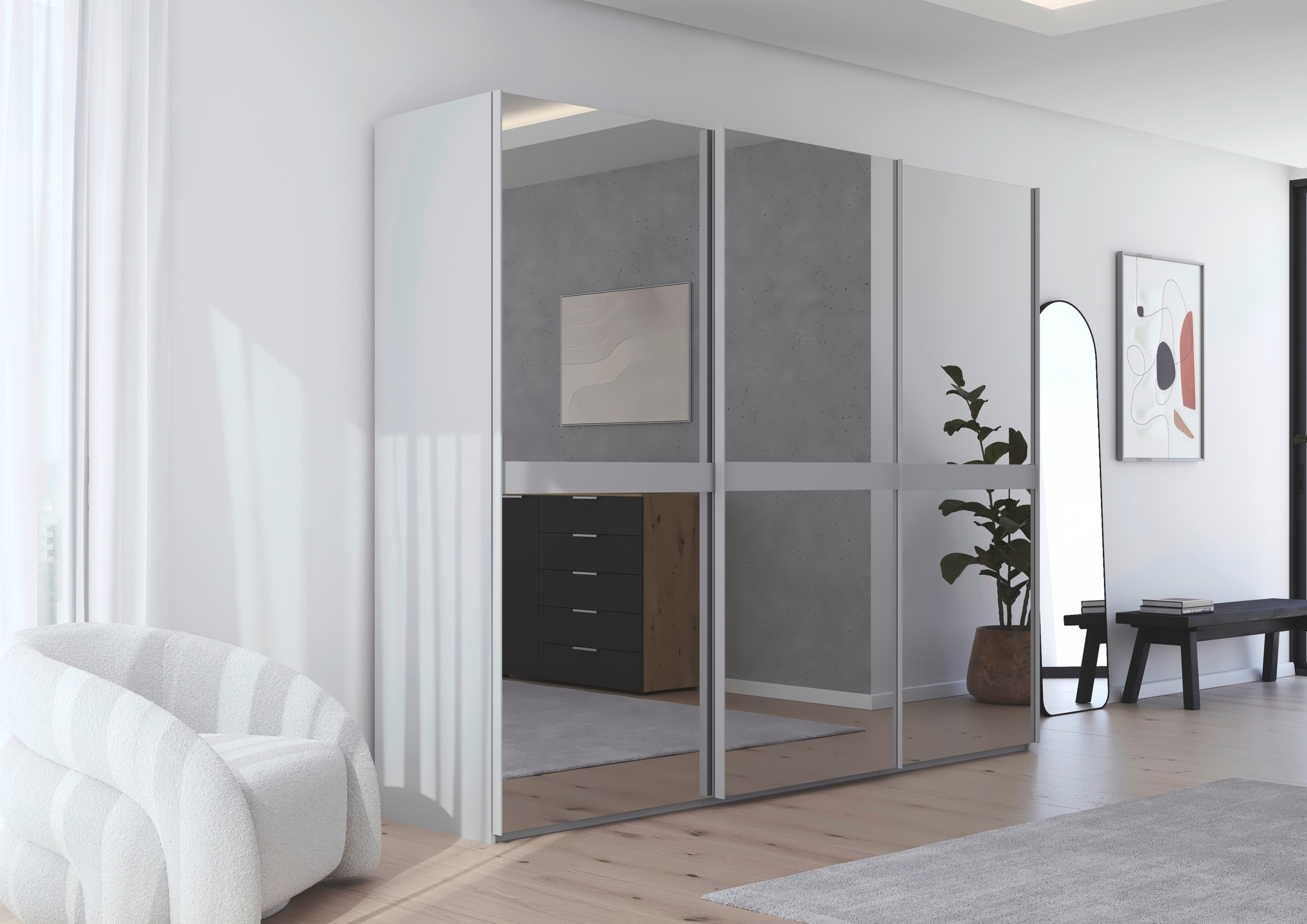 rauch Schwebetürenschrank »Kleiderschrank Schrank Garderobe Schlafzimmerschrank SCALE-LINE«, edle Optik mit Bauchbinde in Korpusfarbe Spiegelfront MADE IN GERMANY