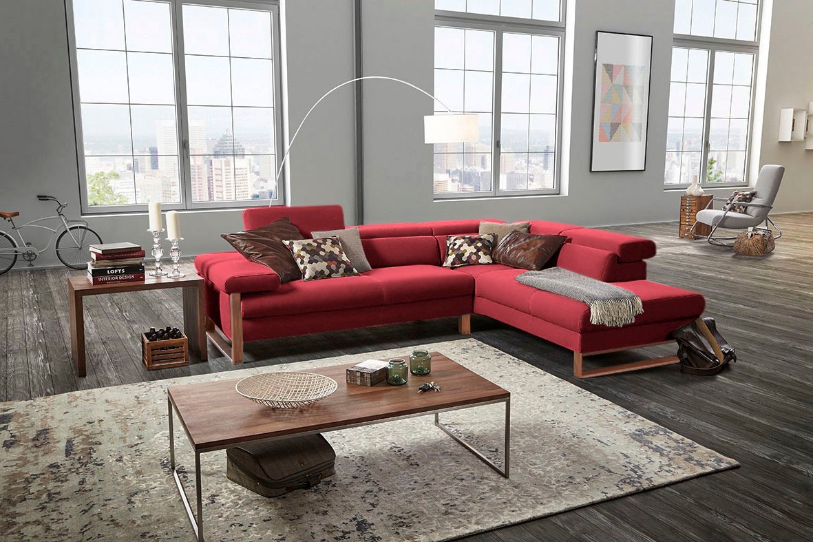 W.SCHILLIG Ecksofa »finn, Designsofa mit tollem Sitzkomfort, bequem, L-Form«, German Design Award 2016, Fußgestell Nussbaum natur, Breite 281 cm