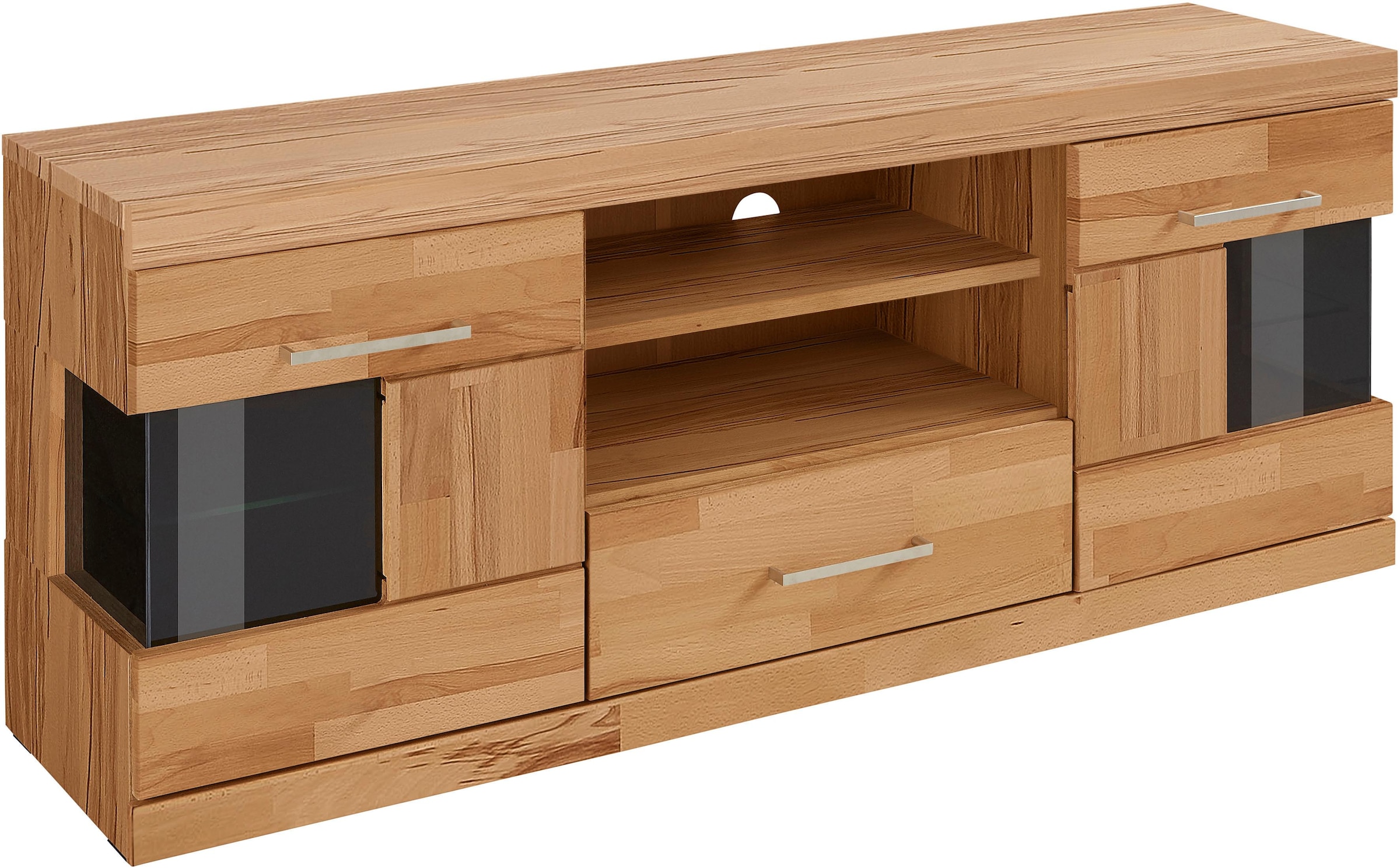Home affaire Lowboard »Ribe,140cm breit, Fronten Massivholz,6 Fächer,Kabeldurchführung«, Korpus Holzwerkstoff,Glaseinsatz aus gehärtetem Glas,Böden versetzbar