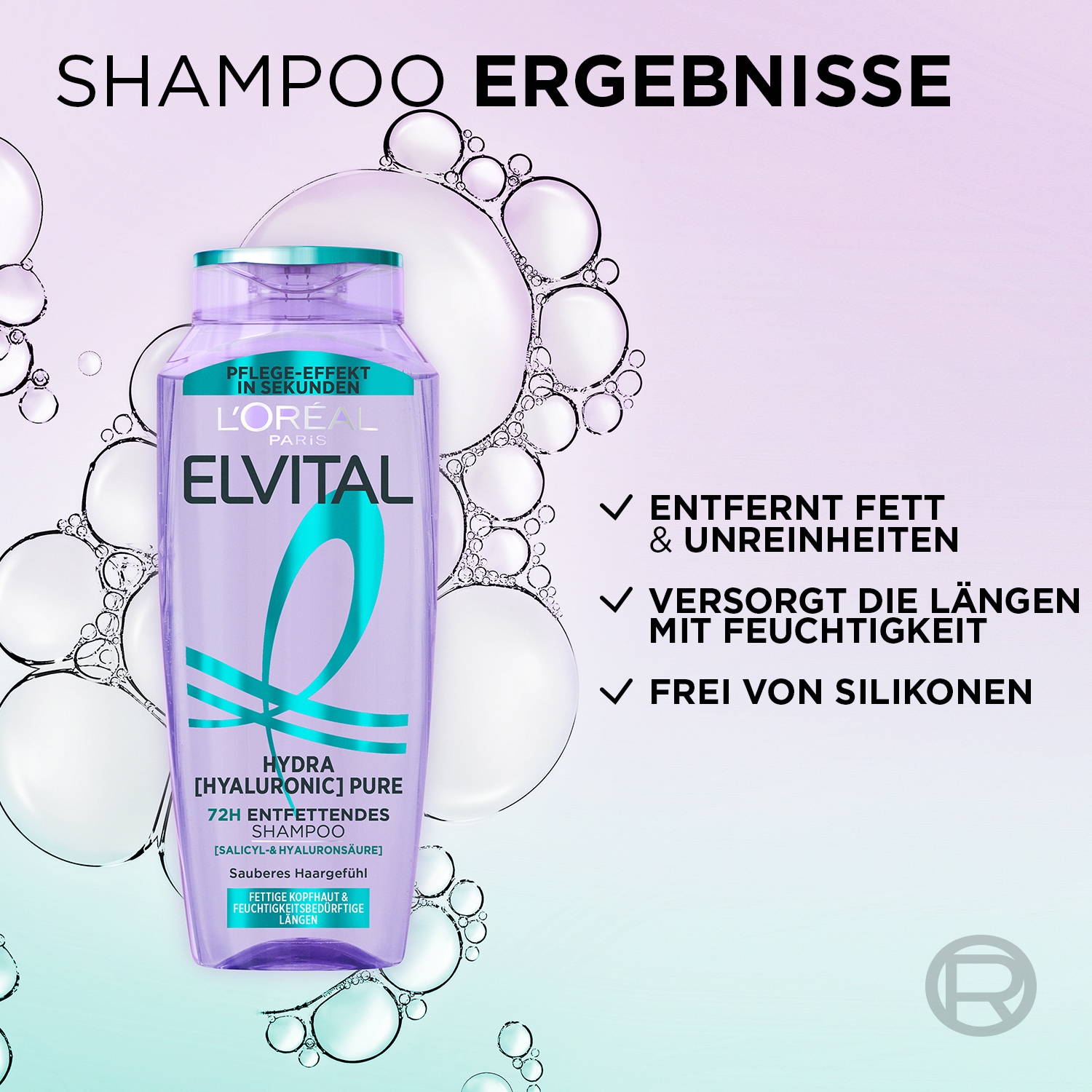 L'ORÉAL PARIS Haarshampoo »L'Oréal Paris Elvital Hydra Hyaluronic Pure Shampoo«, (Packung, 6 tlg.), Reinigt fettige Kopfhaut, spendet bis zu 72h Feuchtigkeit für Längen.