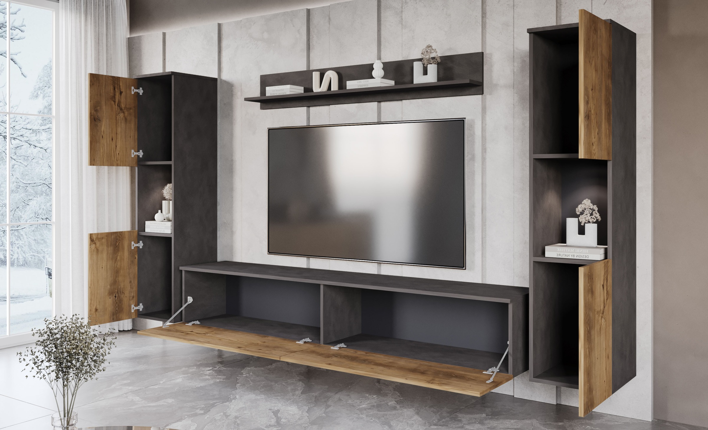 INOSIGN Wohnwand »PARIS, Vitrine Türanschlag links/rechts wechselbar«, (Komplett-Set, 4 St.), grifflose Design, stehend und hängend montierbar