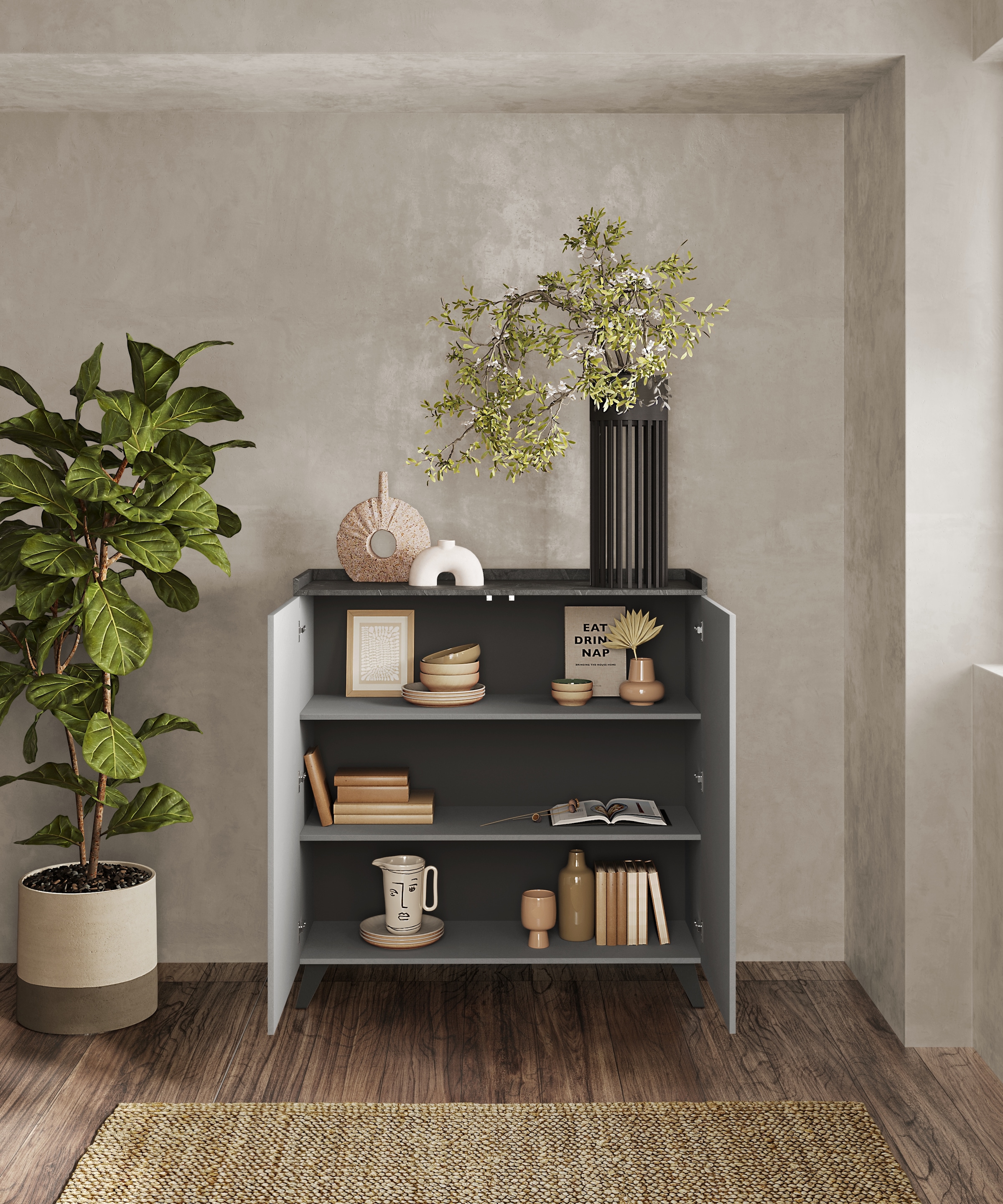 INOSIGN Highboard »Tray, Breite 121, Höhe 126 cm mit 2 Türen«, Top "Tablet", Push-to-open Funktion