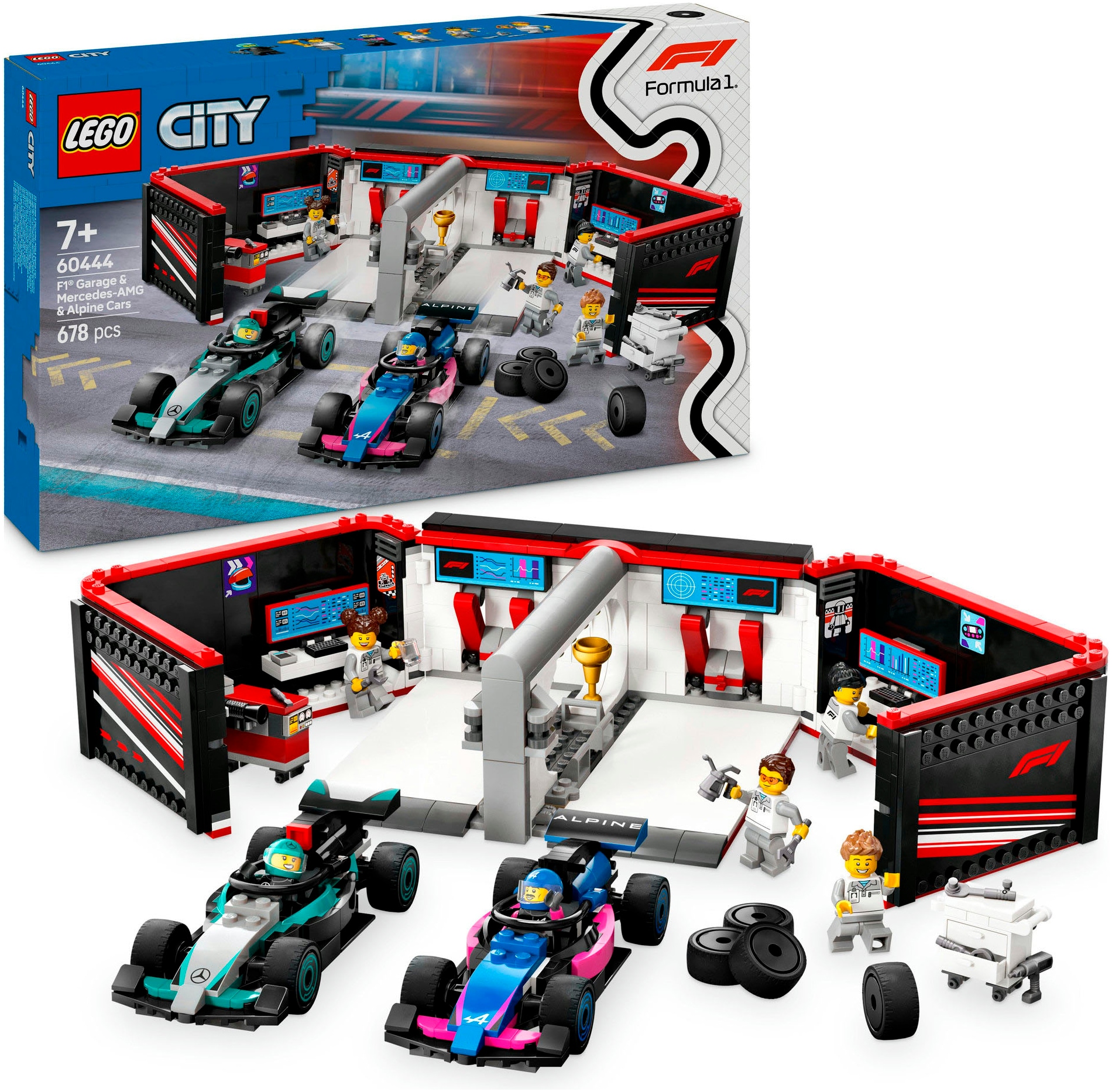 LEGO® Konstruktionsspielsteine »F1® Garage mit Mercedes-AMG & Alpine Rennautos (60444), LEGO...